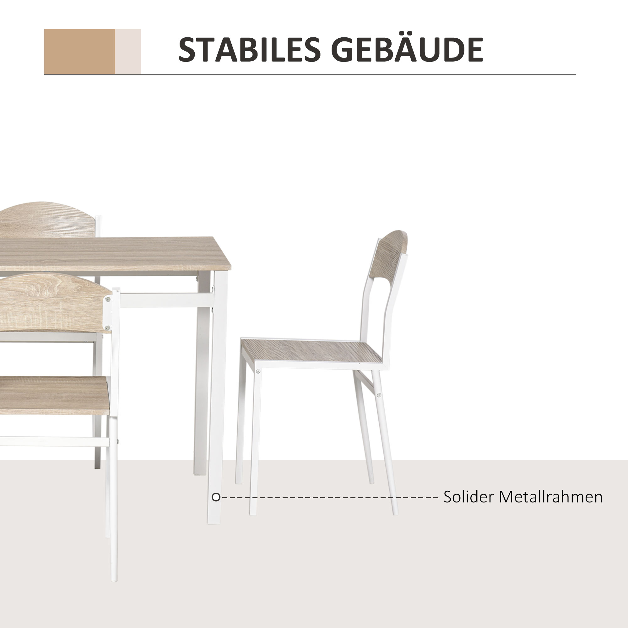 Ein Tisch und Stühle in einem Raum. Sie sind hell und haben ein Metallgestell. Text ist vorhanden.