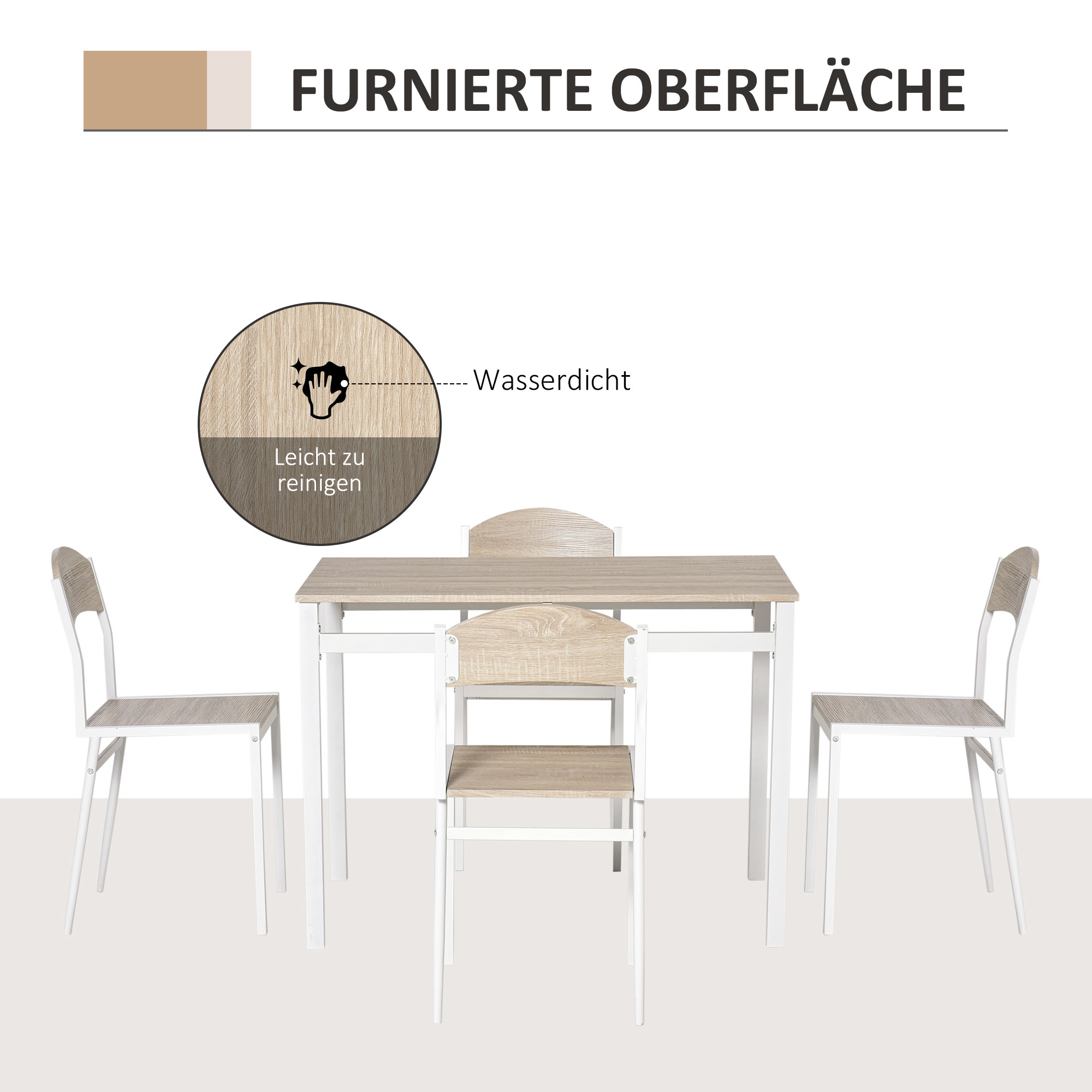 Esstisch-Set mit vier Stühlen. Helles Holz und Weiß. Text: FURNIERTE OBERFLÄCHE.