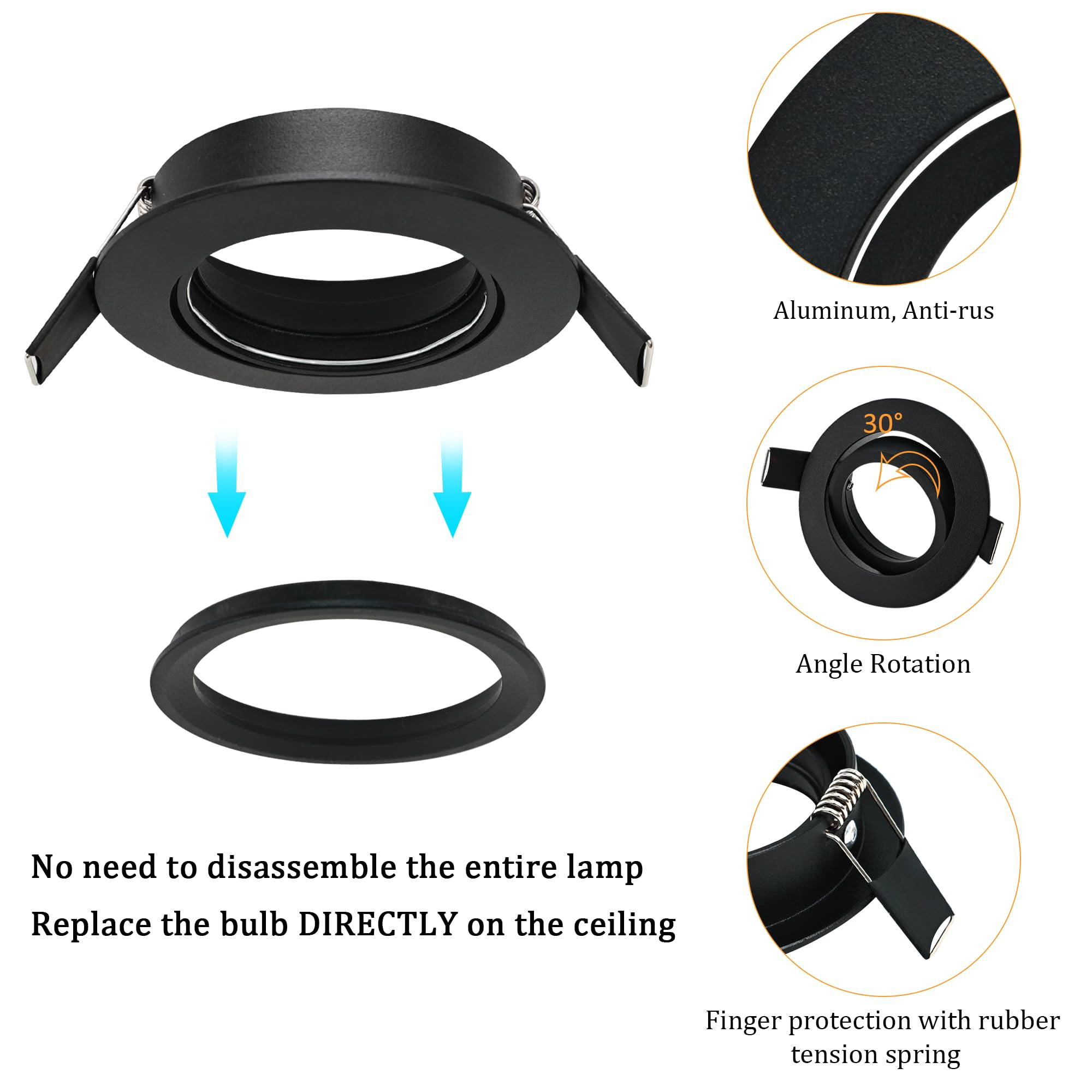 Eine schwarze Einbauleuchte wird gezeigt. Enthält Ring, und die Glühbirne kann direkt ersetzt werden.