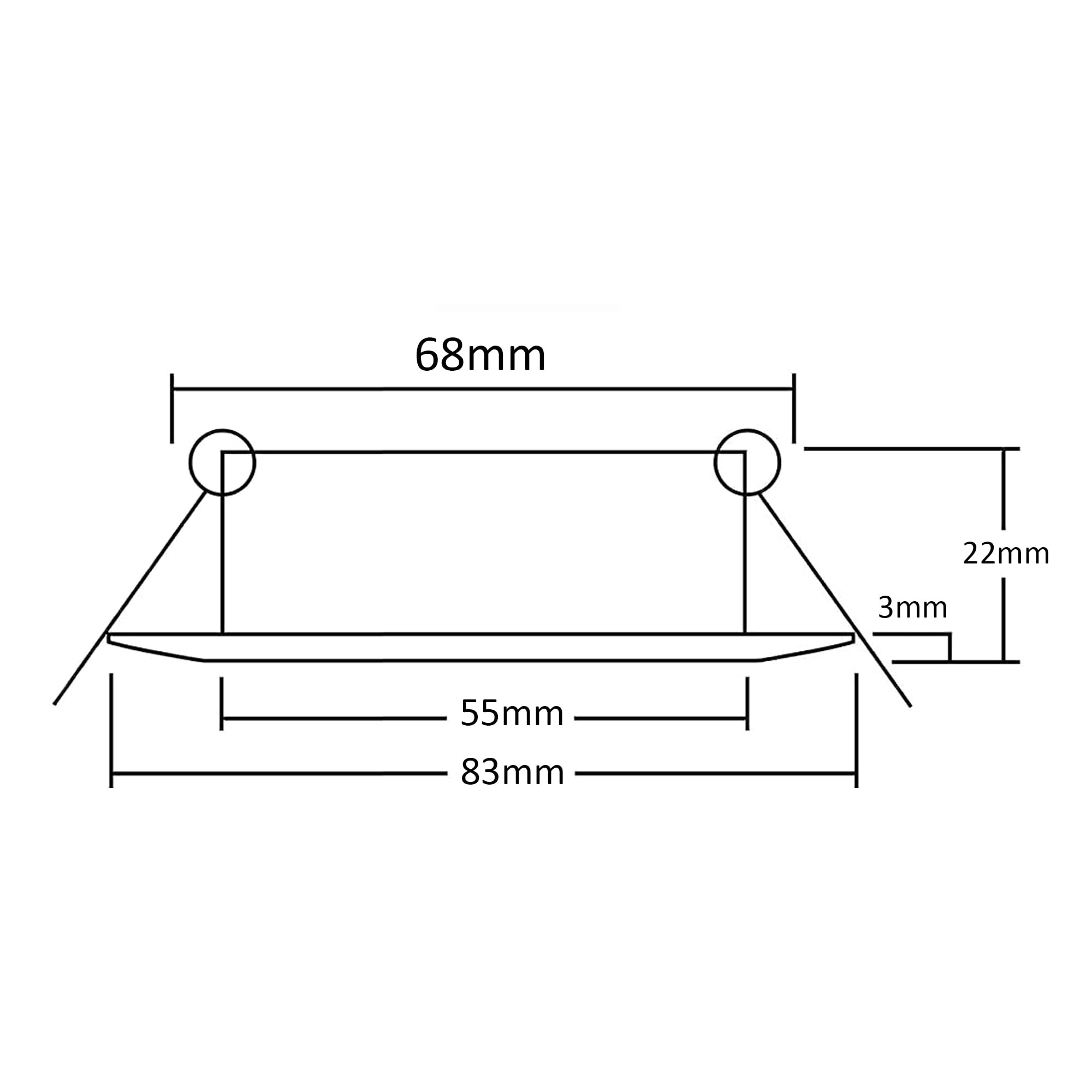 Diagramm eines Griffs mit Abmessungen, das die Breite und die Montage des Griffs zeigt.