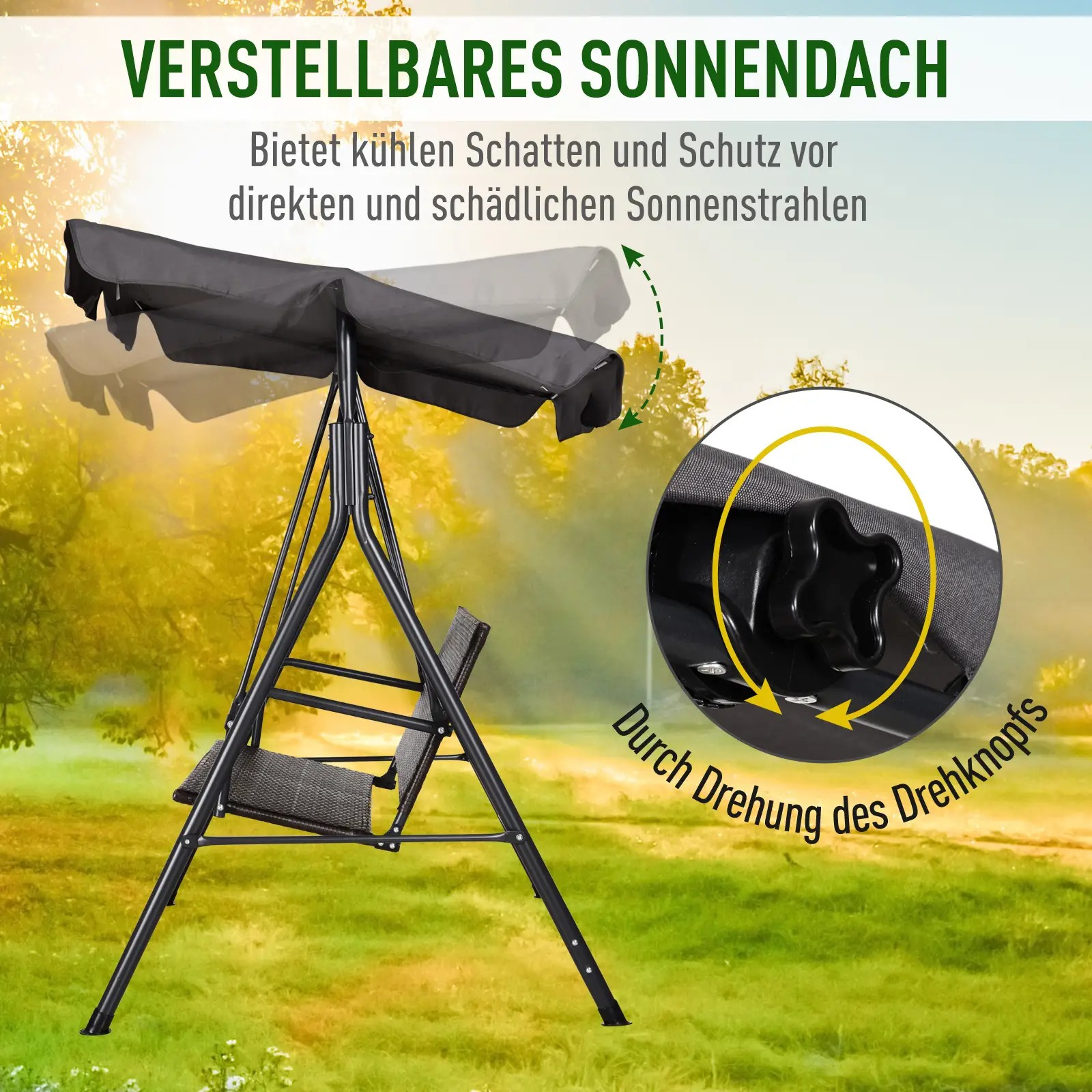 Schwarze Schaukel mit verstellbarem Verdeck, in sonniger Szene.