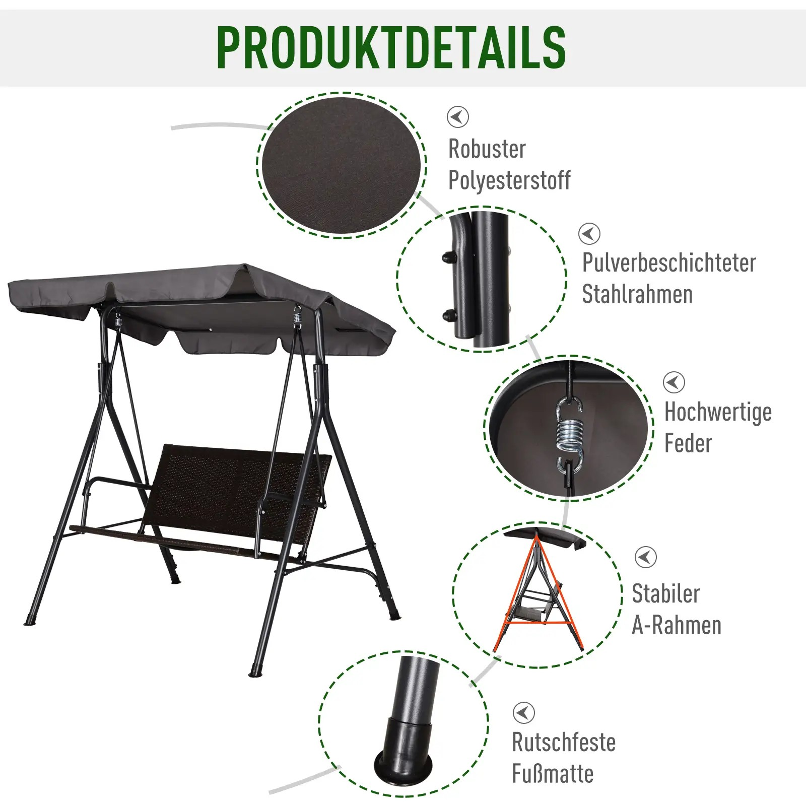 Ein Schaukel-Set mit Produktdetails und beschrifteten Komponenten.