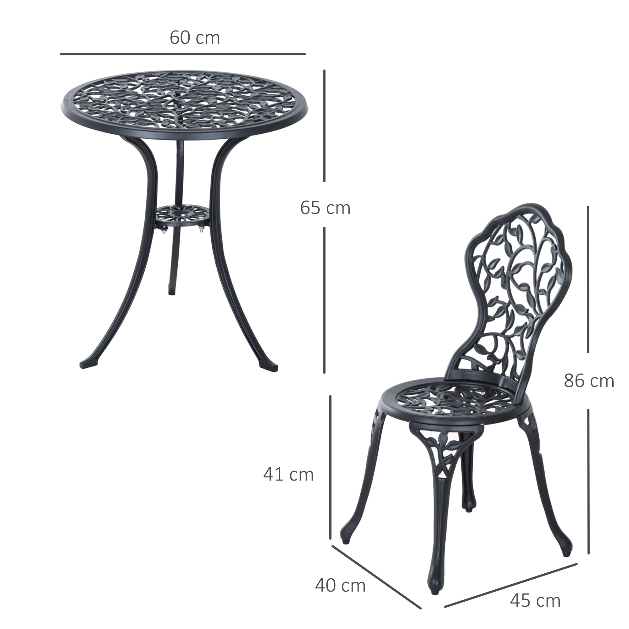 Set tavolo e sedia in ghisa nera con dimensioni espresse in centimetri.