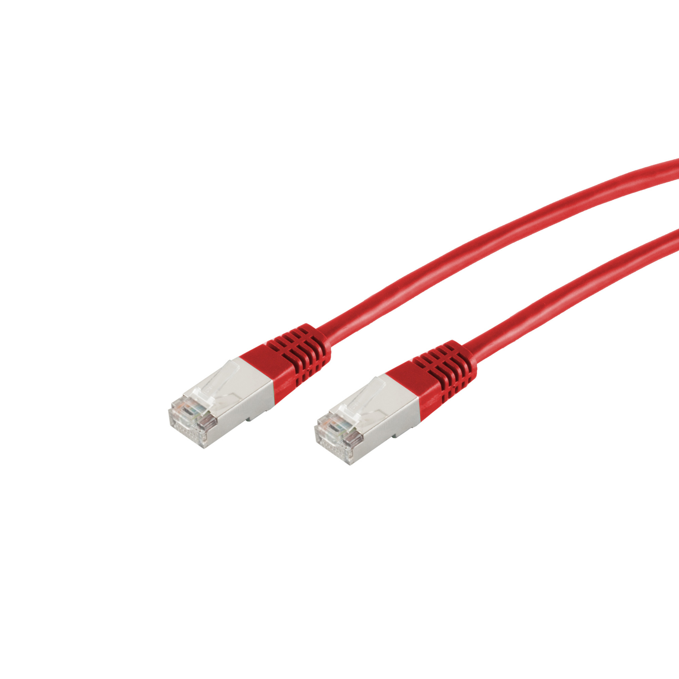 Rotes Netzwerkkabel mit RJ45-Steckern. Weißer Hintergrund. Das Kabel ist leicht gebogen.