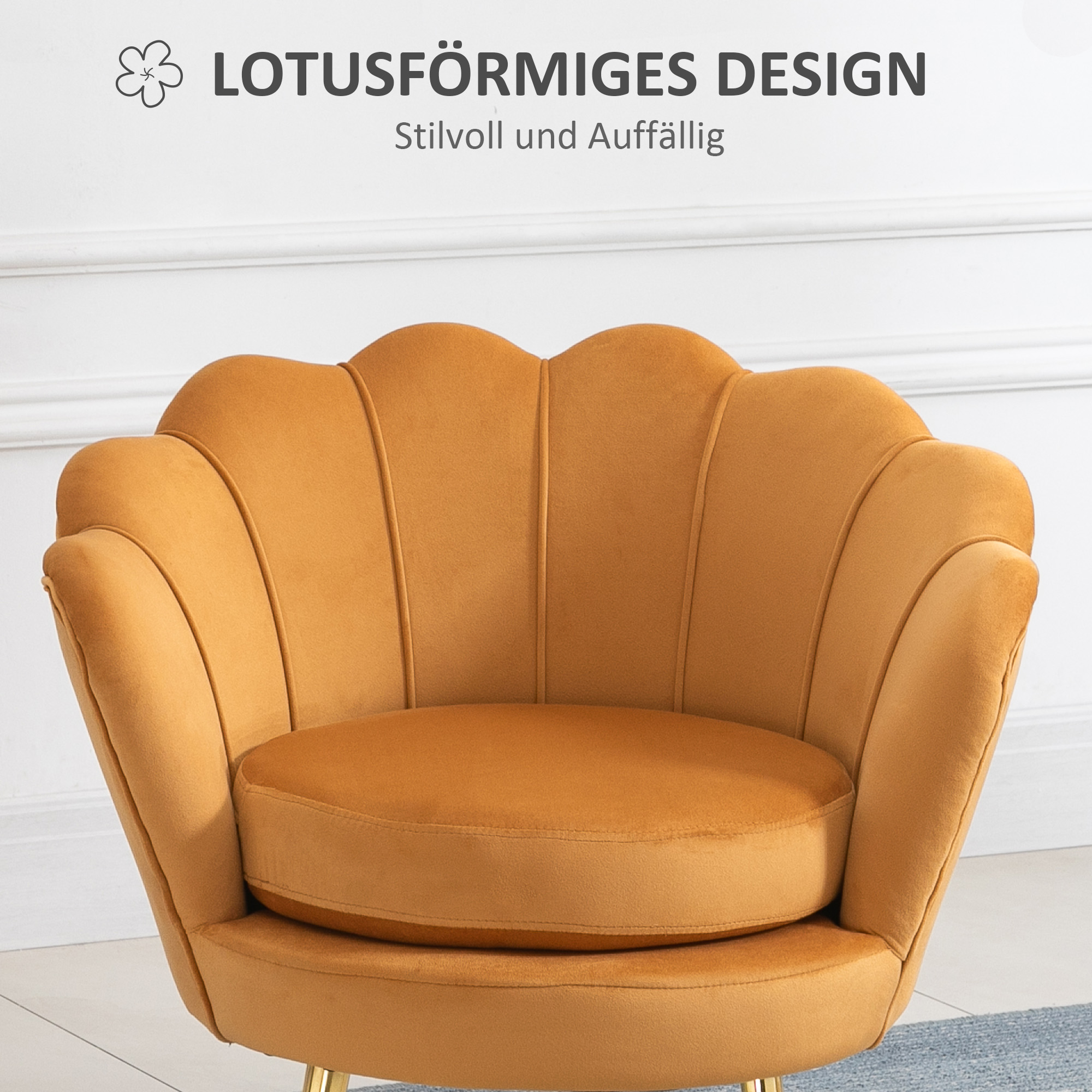Gelber lotusförmiger Sessel. Er hat eine geschwungene Rückenlehne und goldene Beine.