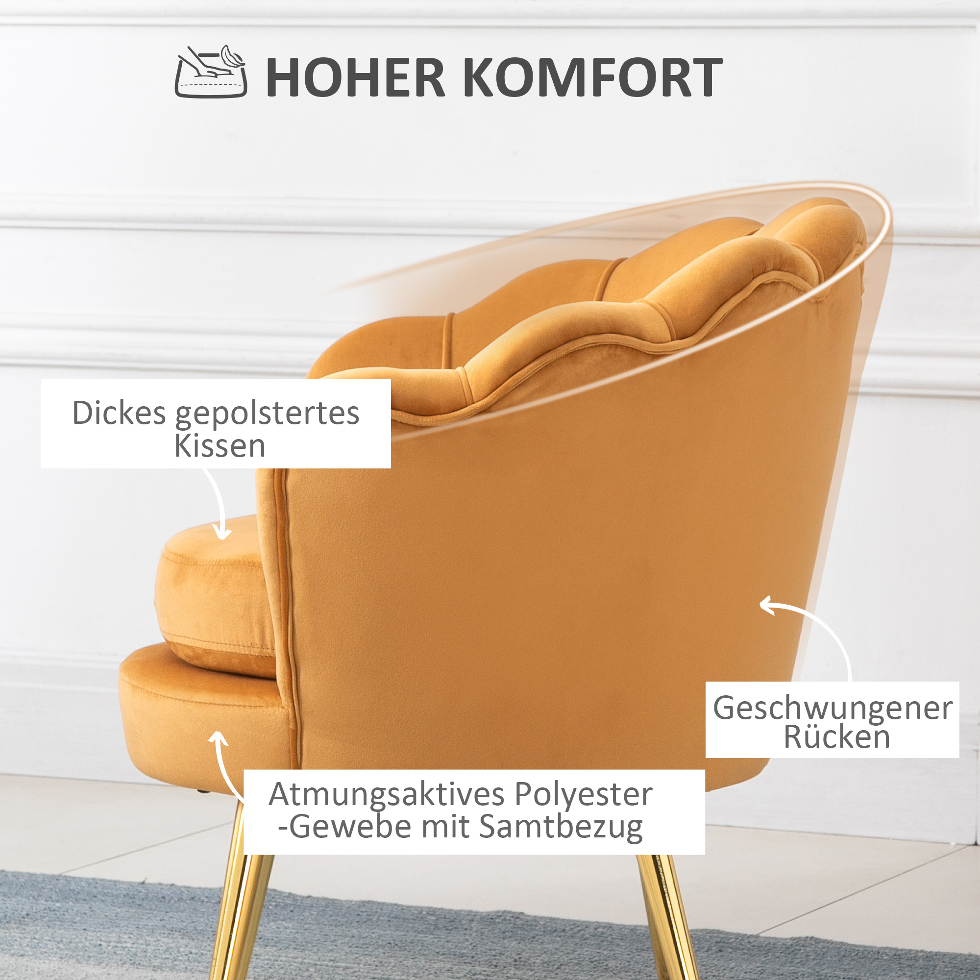 Gelber Sessel mit Etiketten, die auf Merkmale zeigen: gepolstertes Kissen, geschwungener Rücken, atmungsaktives Polyester.