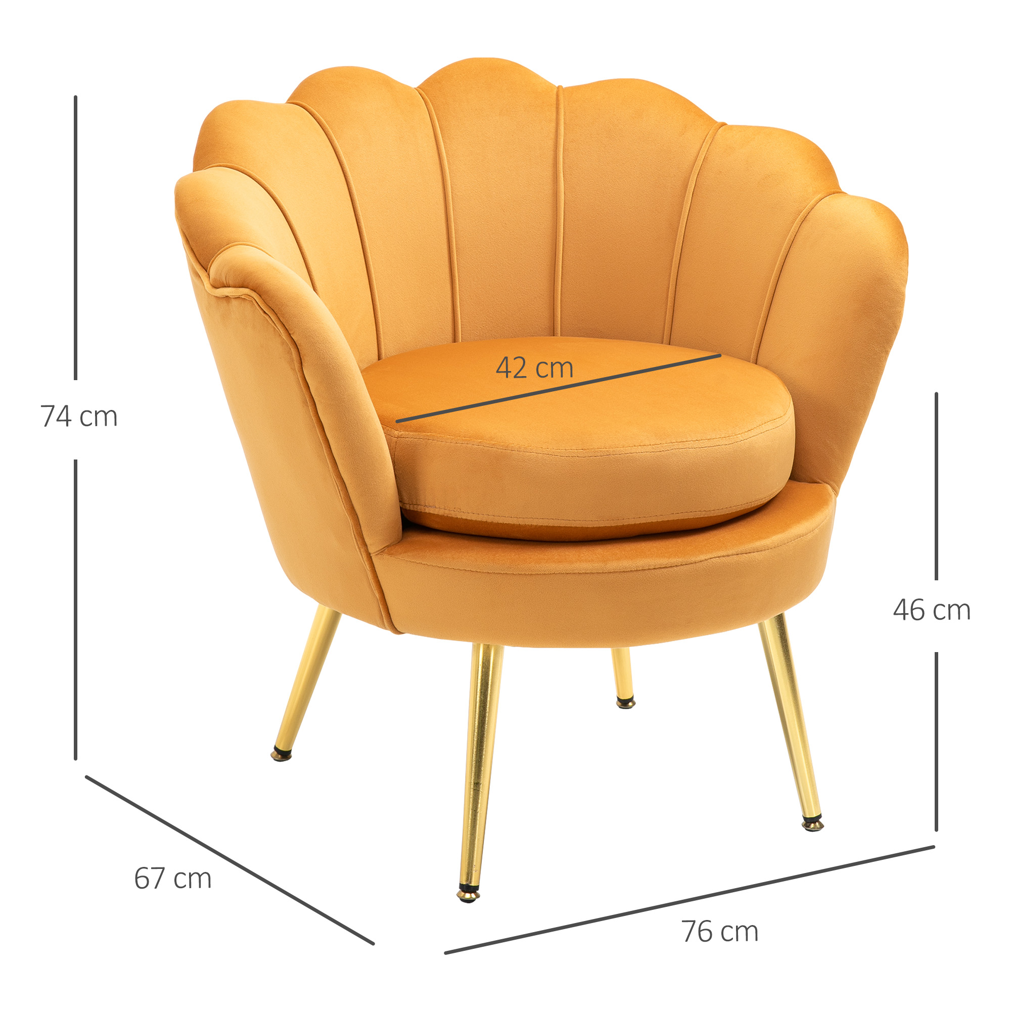 Ein gelber Sessel mit goldenen Beinen. Der Stuhl steht vor weißem Hintergrund mit Maßen.