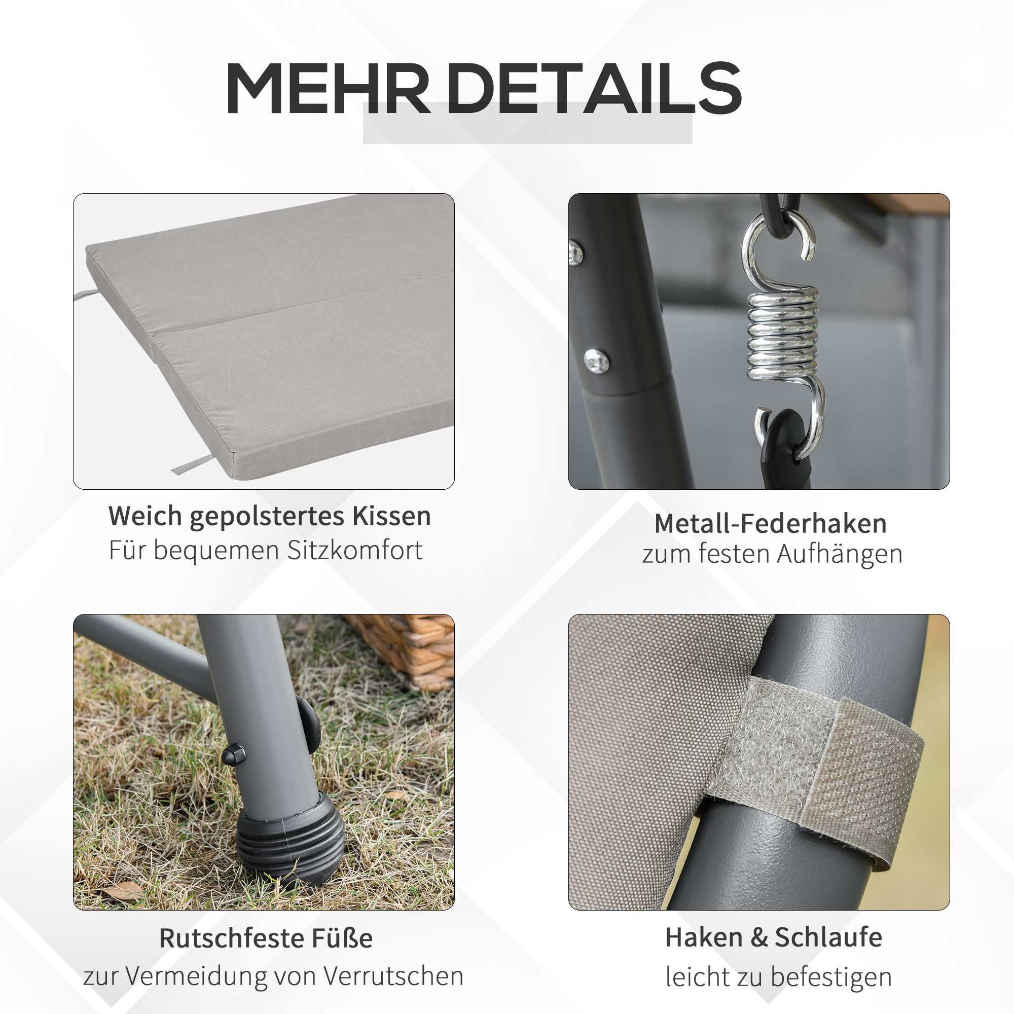 Details eines Außenschaukels: Kissen, Feder, Füße und Klettverschluss.
