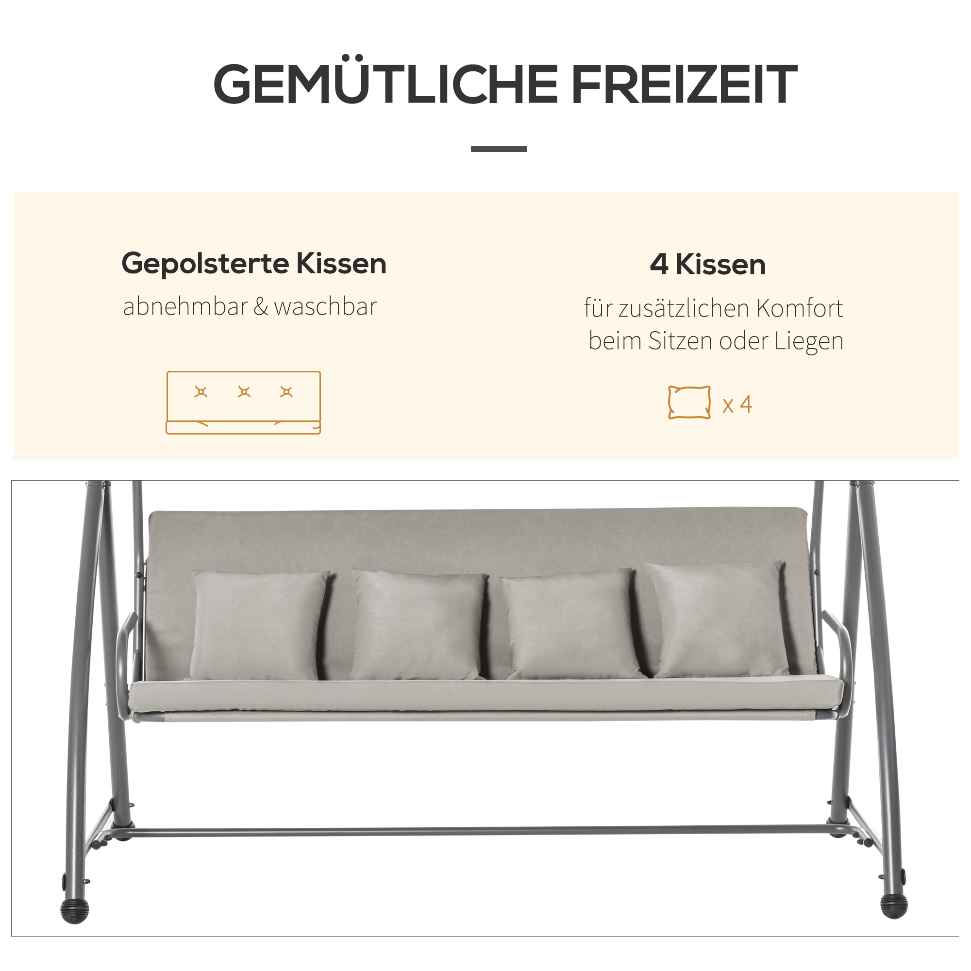 Eine graue Außenschaukel mit 4 Kissen und dem Text "4 Kissen". Der Hintergrund ist eine Wand.