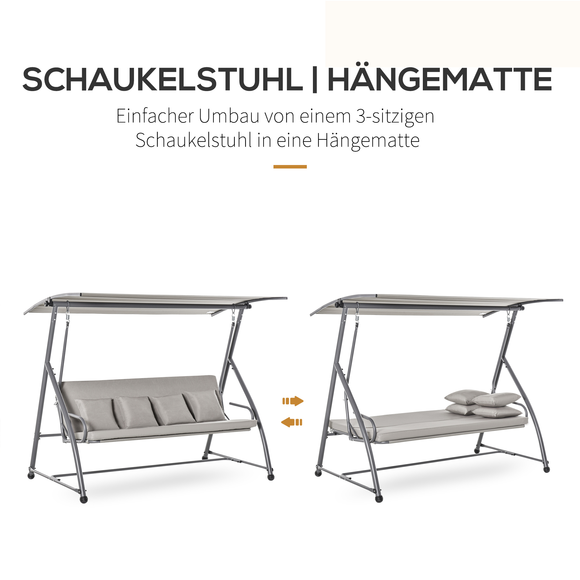 Ein Schaukel-Set, das sich in eine Hängematte verwandelt. Bilder zeigen den Transformationsprozess.