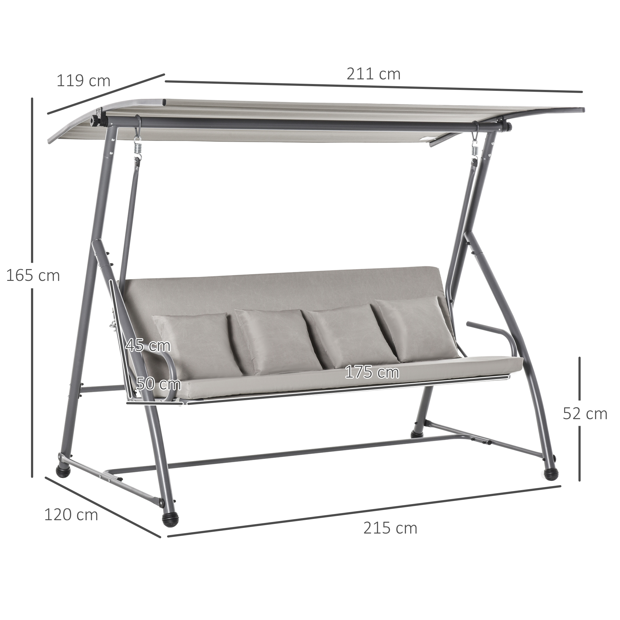 Graue Metallschaukel mit Baldachin, grauem Sitz und Kissen. Abmessungen sind angegeben.