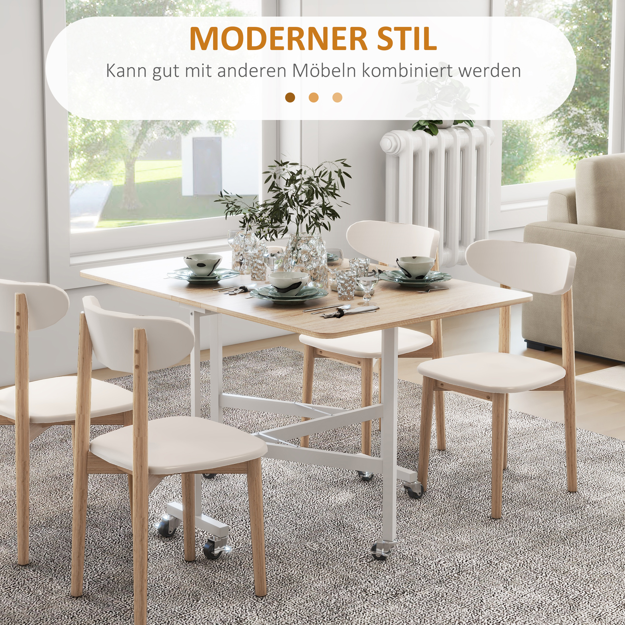 Modernes Esszimmer mit Tisch, Stühlen und Dekoration, Textüberlagerung oben.