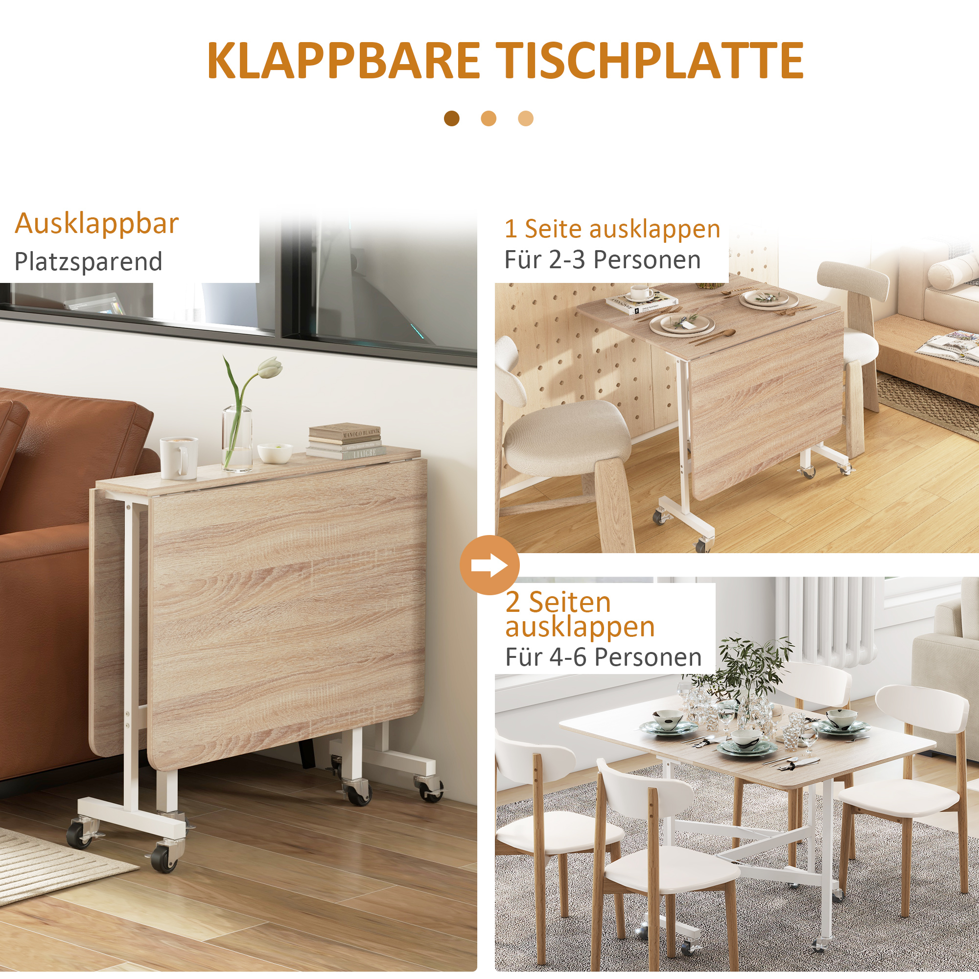Klapptisch mit Rollen in zwei Konfigurationen. Einmal zusammengeklappt, einmal ausgeklappt mit Stühlen.