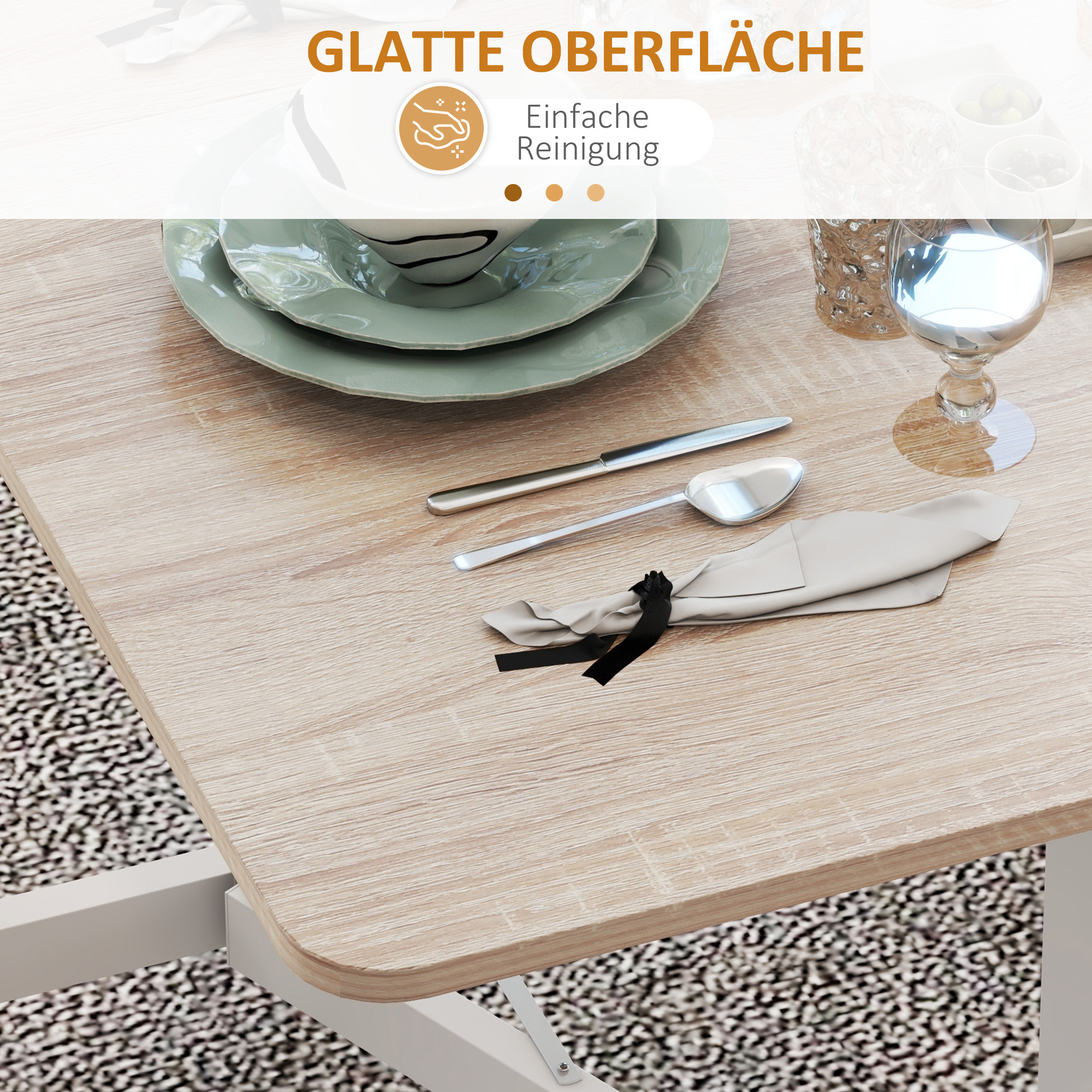 Tischgedeck mit Tellern, Besteck und Glas, mit Text: 'GLATTE OBERFLÄCHE'.