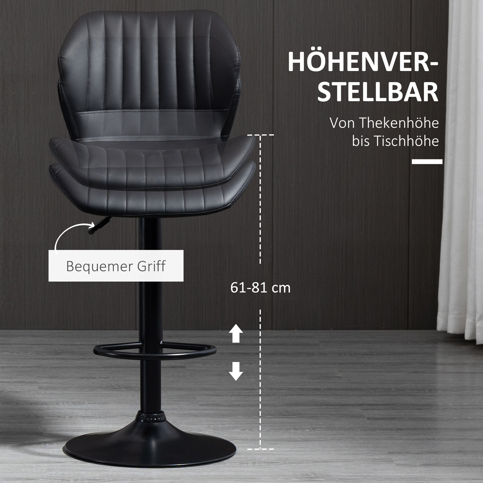 Schwarzer, höhenverstellbarer Barhocker mit Fußstütze, vor dunklem Hintergrund.