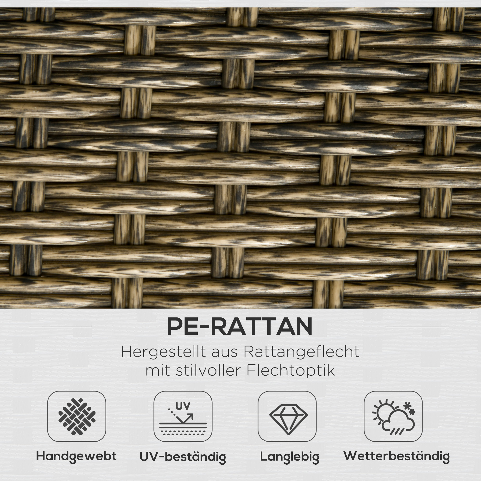 Nahaufnahme von geflochtenem braunem Rattanmaterial. Text darunter: PE-RATTAN mit Symbolen für handgewebt, UV usw.