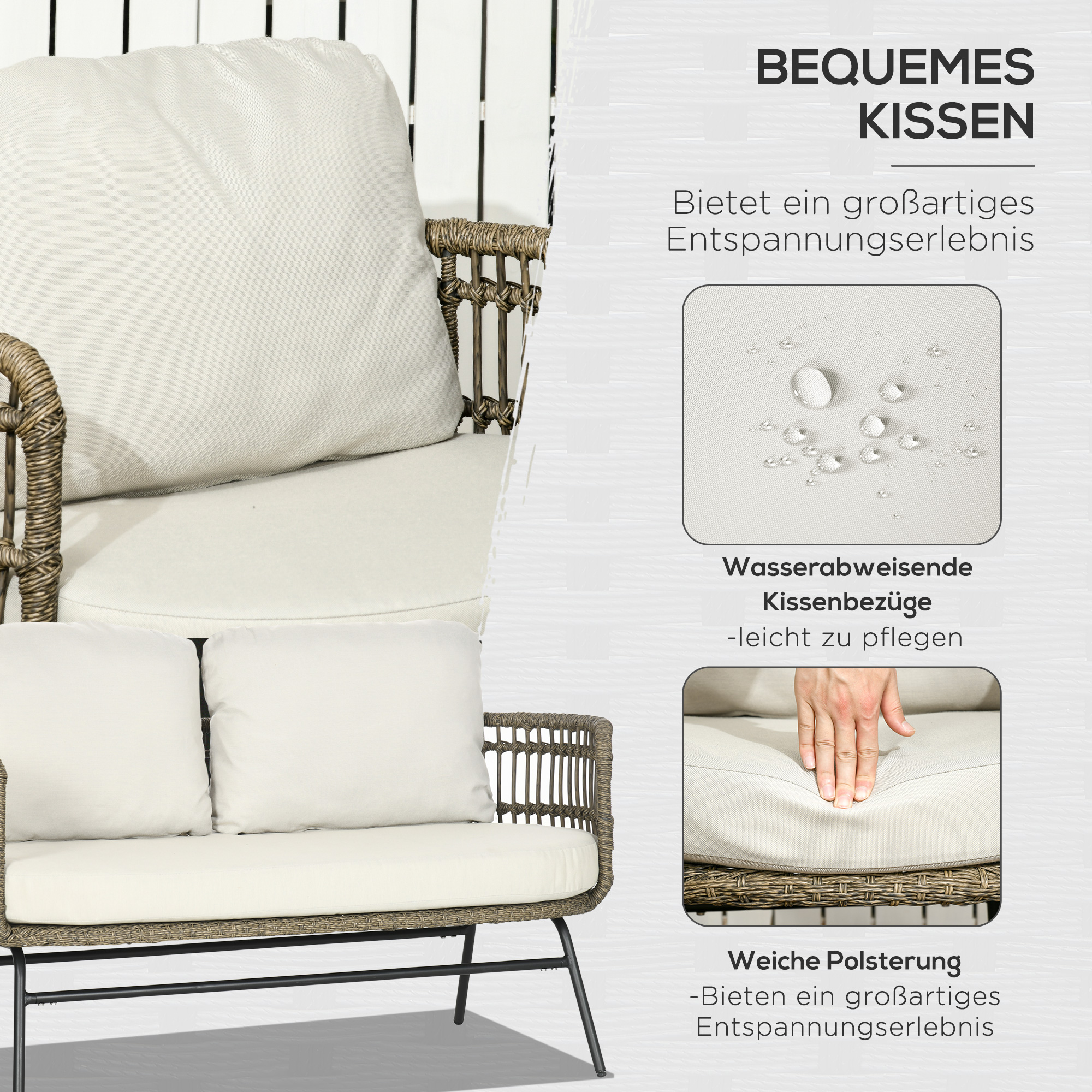 Weißes Outdoor-Sofa mit Kissen. Nahaufnahmen zeigen wasserabweisenden Stoff und weiche Polsterung.