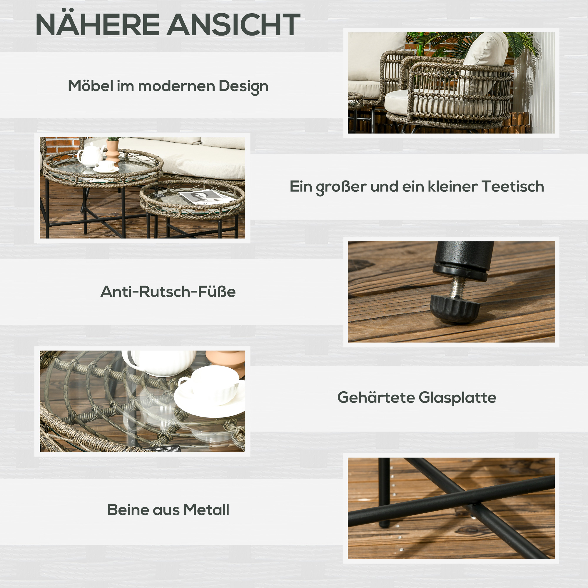 Collage mit modernen Möbeln, einschließlich eines Tischsets und Details wie Metallbeinen.