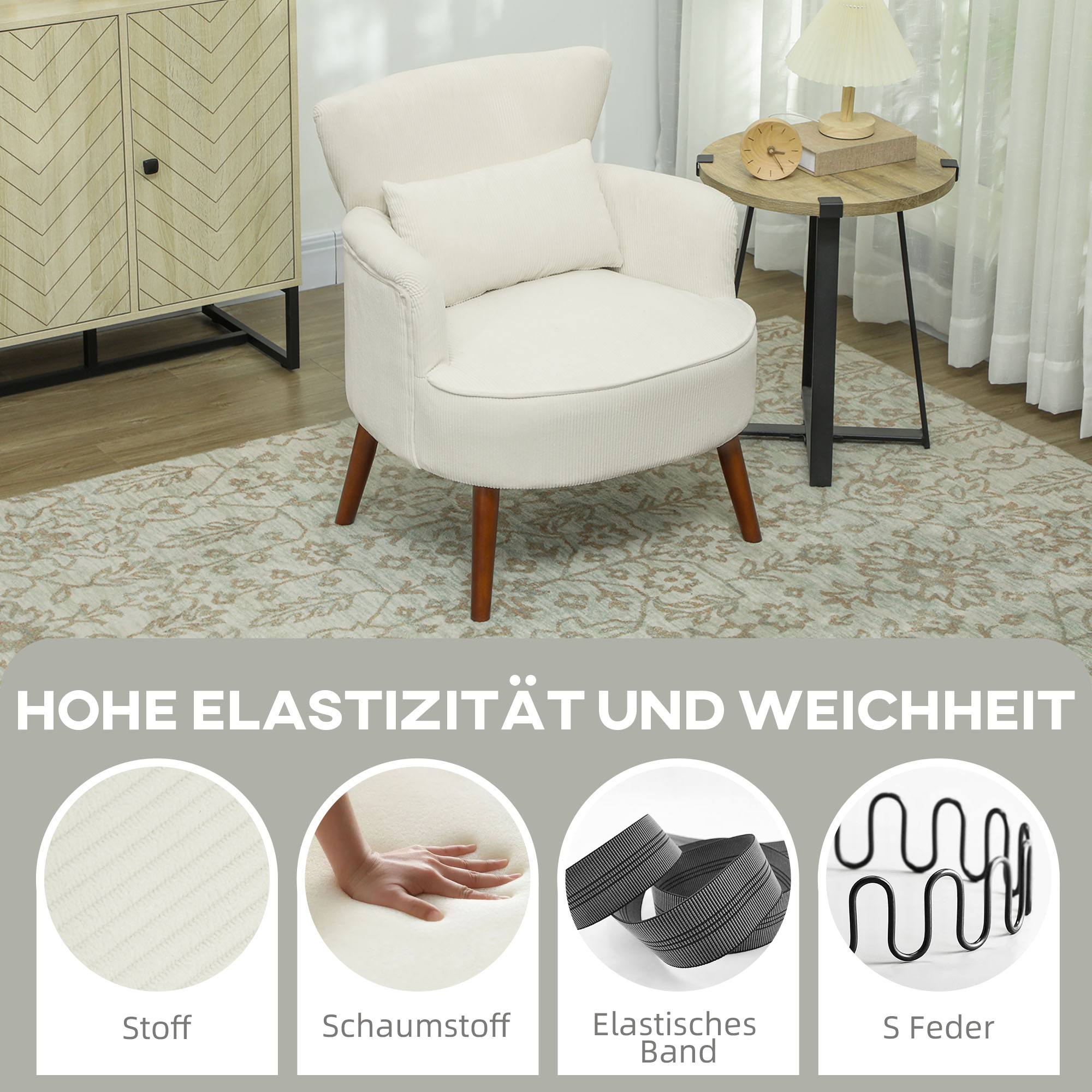 Weißer Sessel mit cremefarbenem Stoff, Holzbeinen und einem kleinen Tisch mit Deko.
