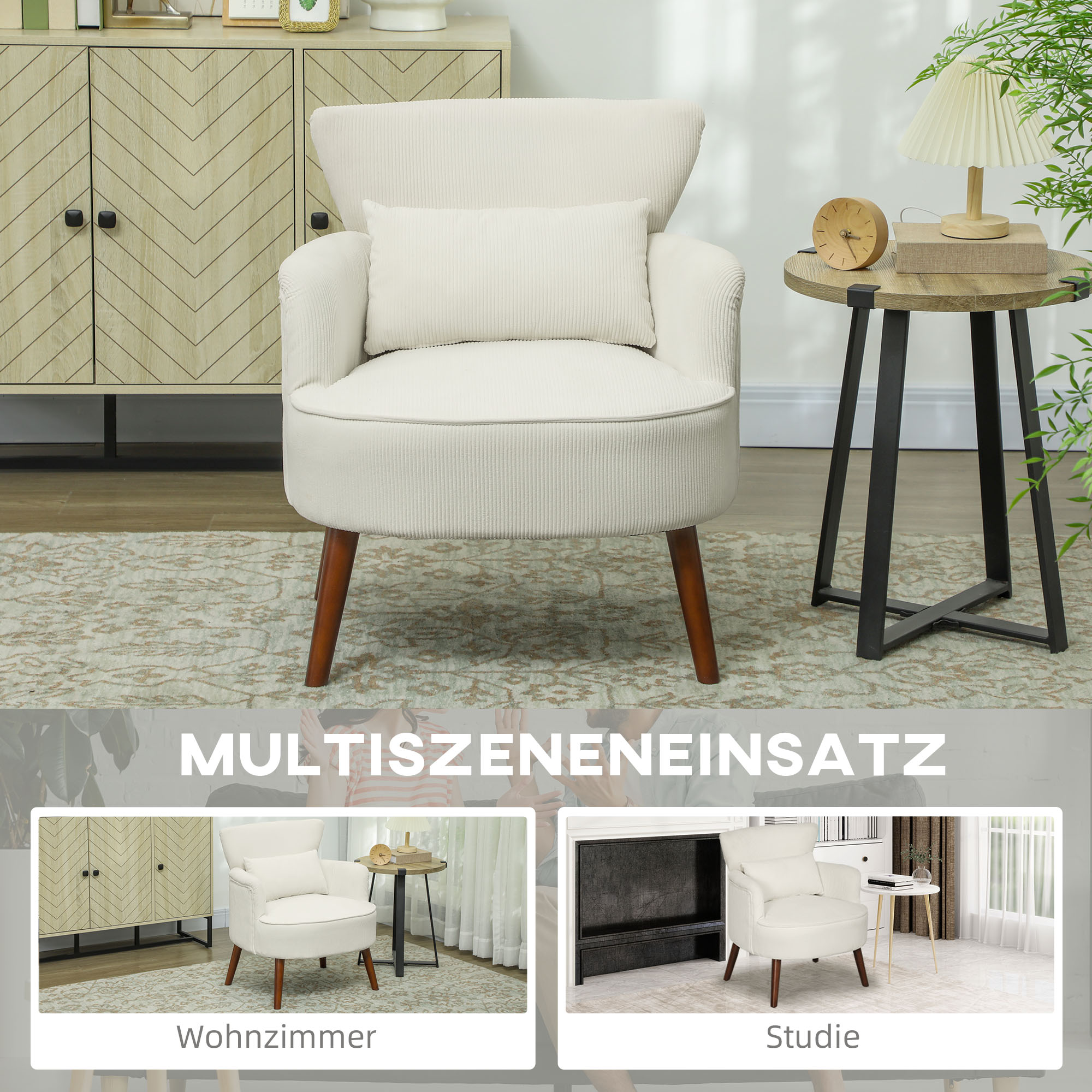 Cremefarbener Sessel mit Kissen und Beistelltisch. Zwei Szenen: Wohnzimmer und Arbeitszimmer.