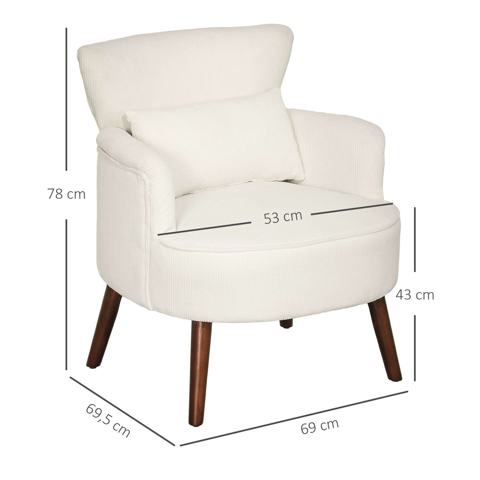 Cremefarbener Sessel mit Maßen: 78cm Höhe, 69,5cm Breite, 69cm Tiefe, 53cm Sitzfläche.