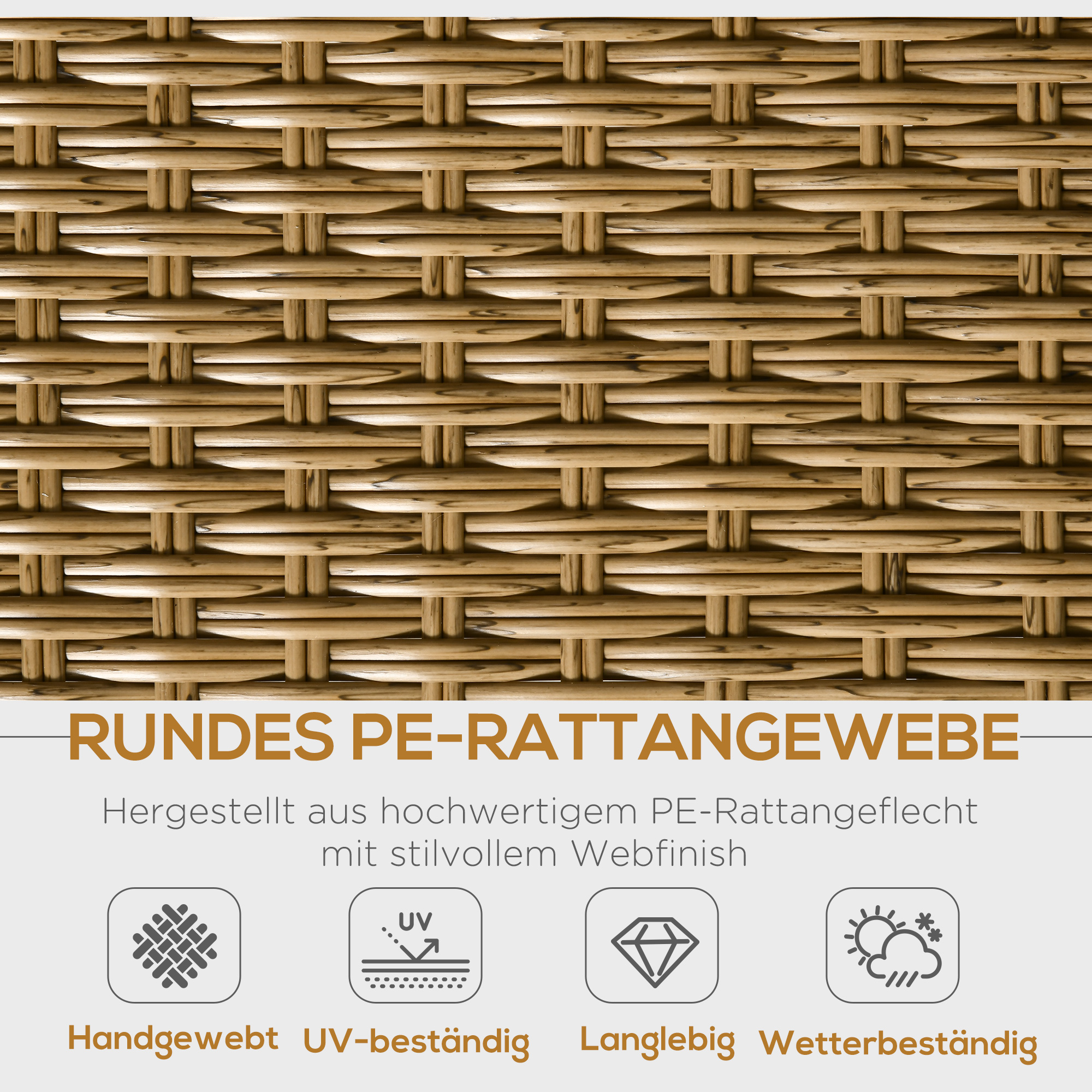 Nahaufnahme von geflochtenem Rattan mit Text über rundes PE-Rattangewebe, handgewebt, UV-beständig, langlebig.