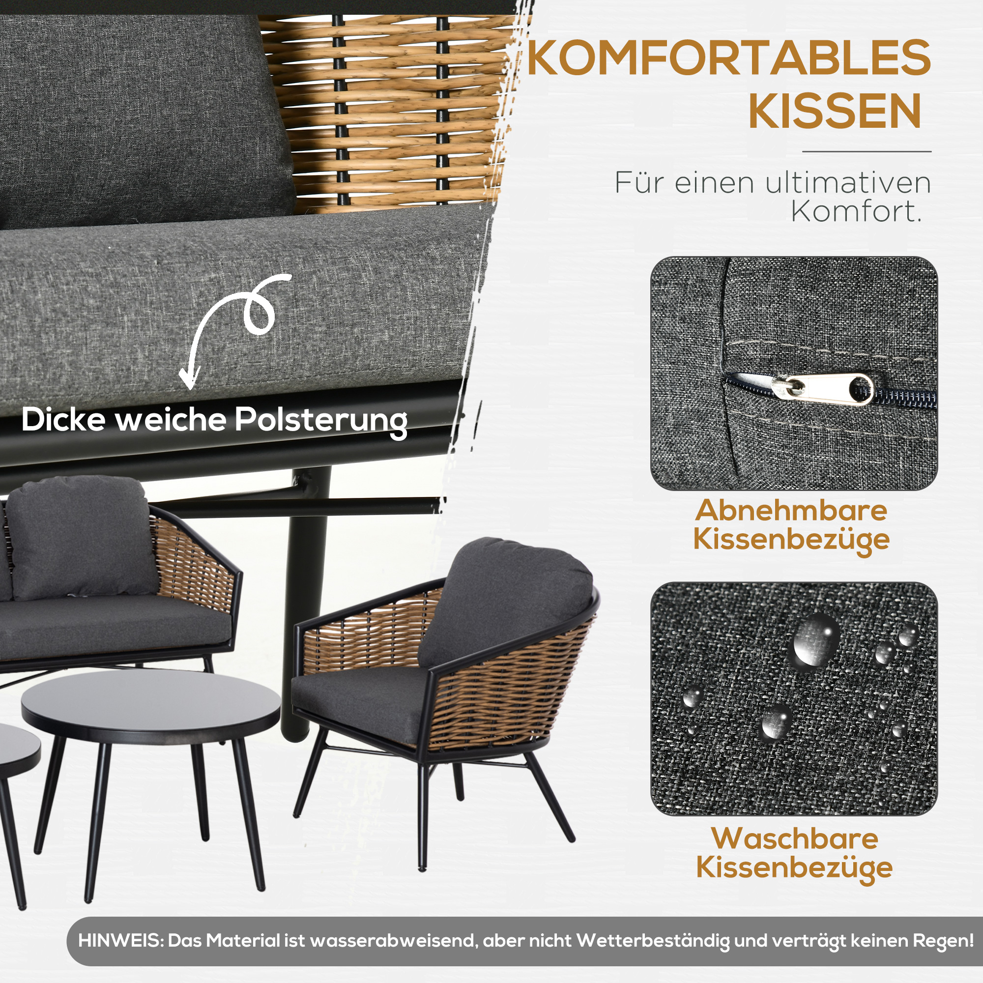 Das Bild zeigt eine Terrassenmöbelgarnitur mit Text, Diagrammen und Details zu den Kissen.