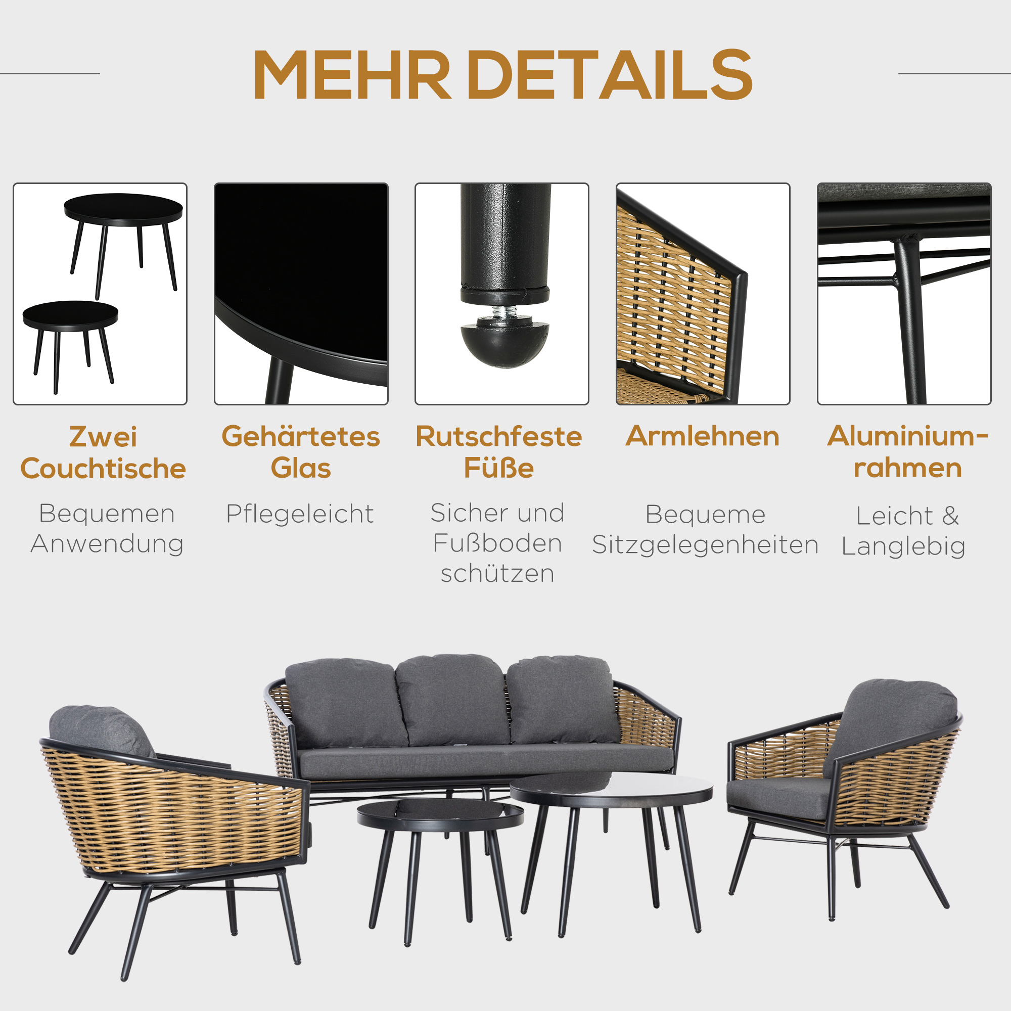 Gartenmöbel-Set mit Sofa, zwei Stühlen und zwei kleinen Tischen.