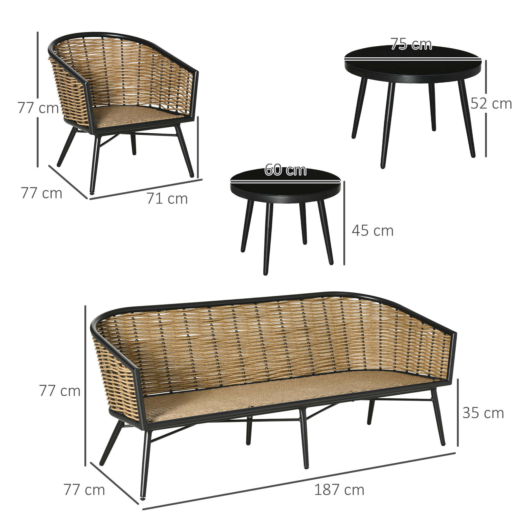 Ein Set aus Gartenmöbeln, darunter ein Sofa, ein Sessel und zwei Tische. Alle Teile haben einen schwarzen Rahmen.