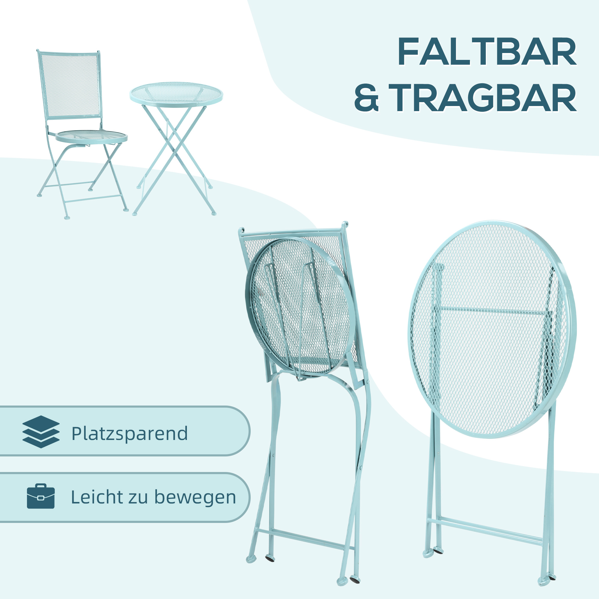Ein zusammengeklapptes blaues Metall Tisch- und Stuhlset, das seine Portabilität zeigt.