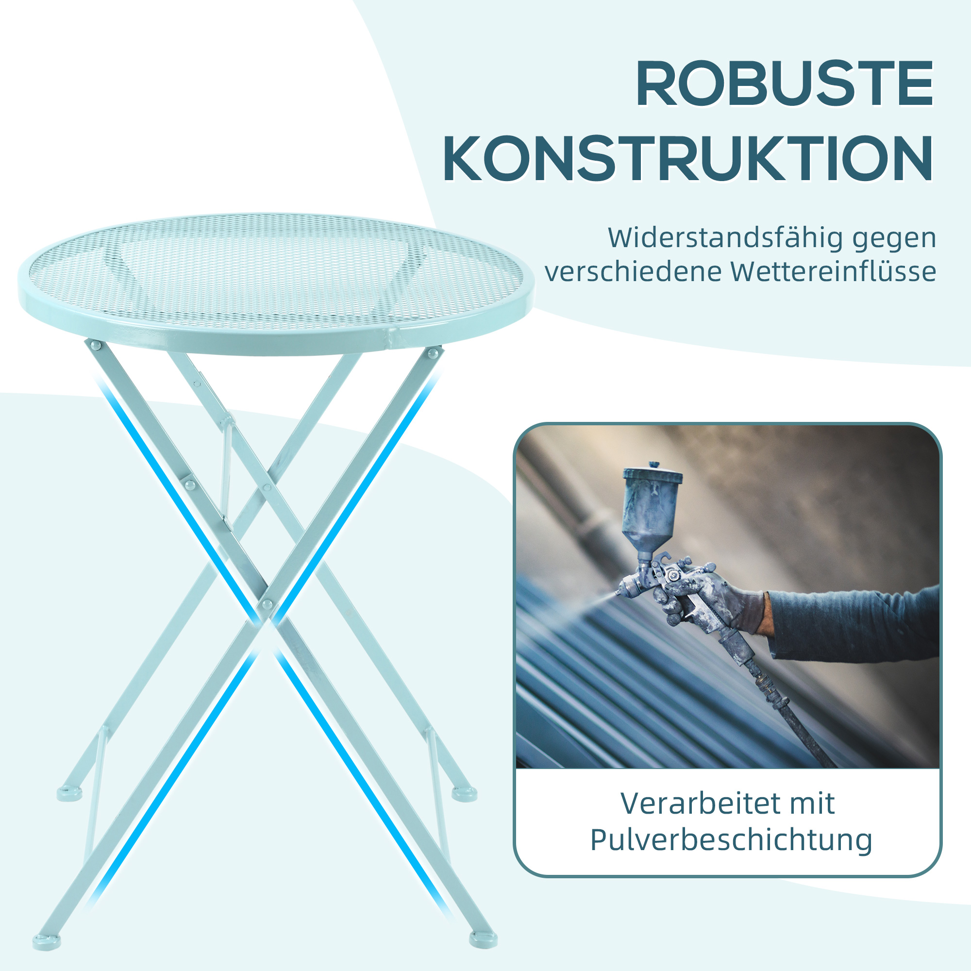 Blauer runder Gartentisch mit Metallbeinen. Eine Person besprüht ihn im Hintergrund mit Farbe.
