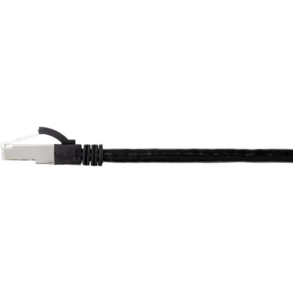 Cavo di rete nero con connettore nero e clip bianca, sfondo bianco.