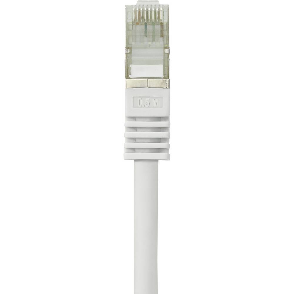 Cavo Ethernet bianco con connettore bianco, ripresa ravvicinata, isolato su sfondo bianco.
