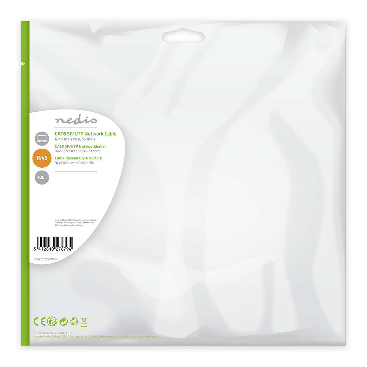 Un sac en plastique transparent avec un câble réseau à l'intérieur et une description sur le côté gauche.