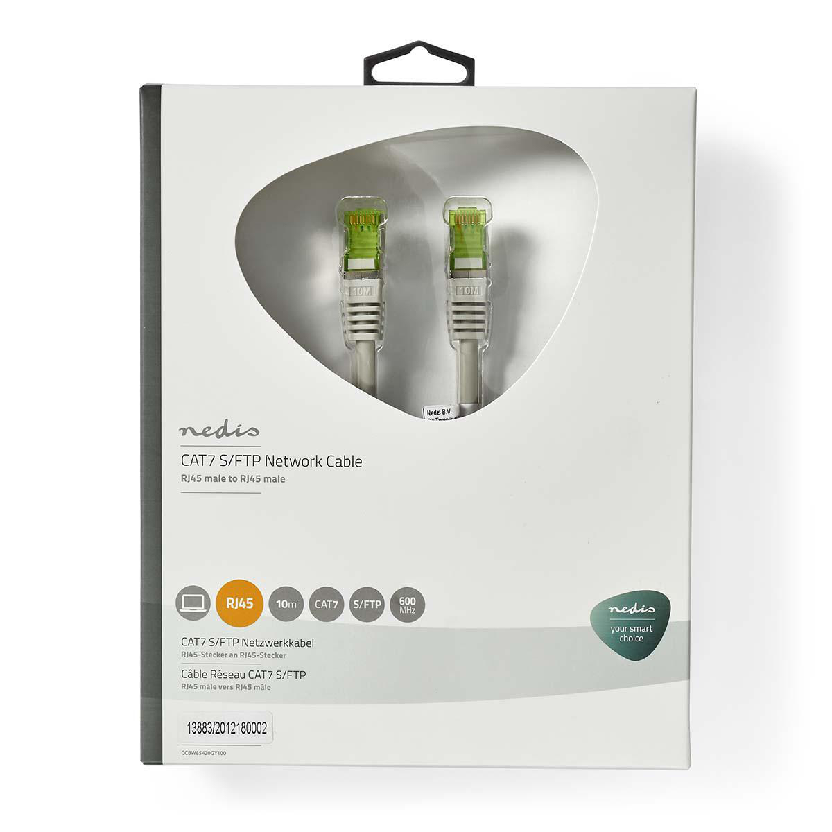 White box of Nedis CAT7 S/FTP network cable with connectors visible, white background.