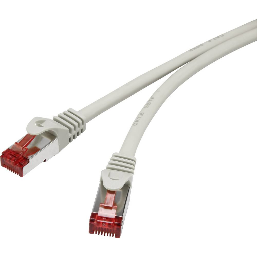 Due cavi Ethernet grigi con connettori rossi, isolati su sfondo bianco.