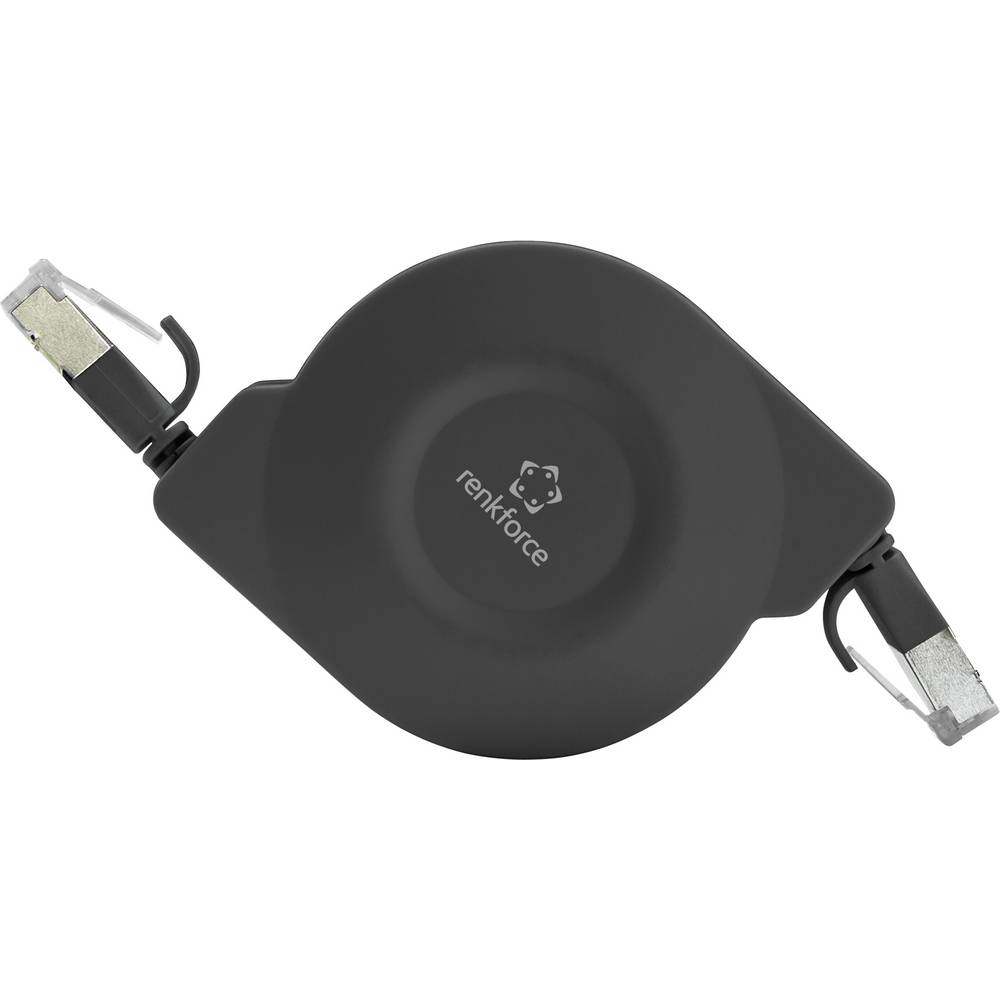 Un cavo Ethernet retrattile grigio renkforce. Ha due spine e si trova su sfondo bianco.