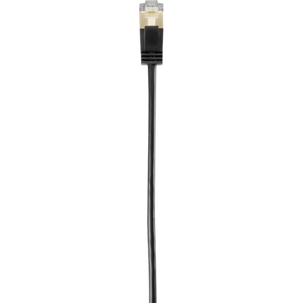 Cavo di rete nero con connettore oro e nero su sfondo bianco.