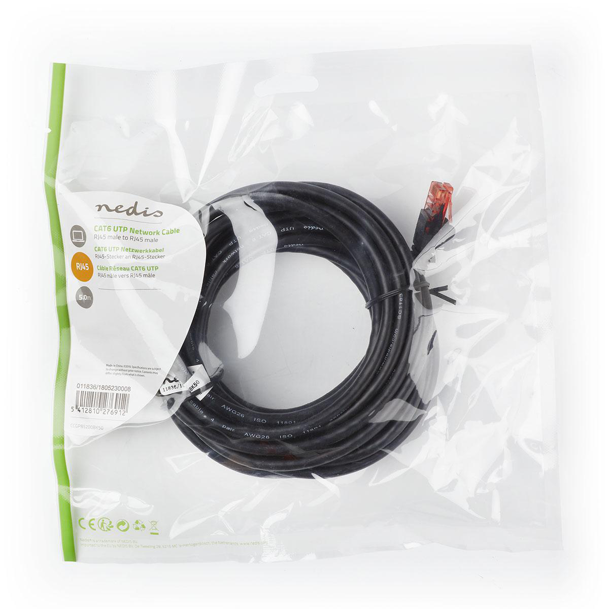 Cavo di rete CAT6 UTP in sacchetto di plastica trasparente, arrotolato.