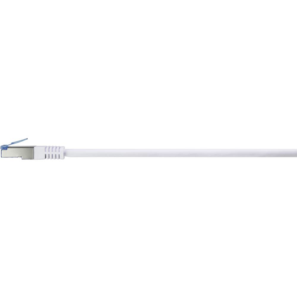 Un cavo di rete bianco con un connettore bianco. È un primo piano.