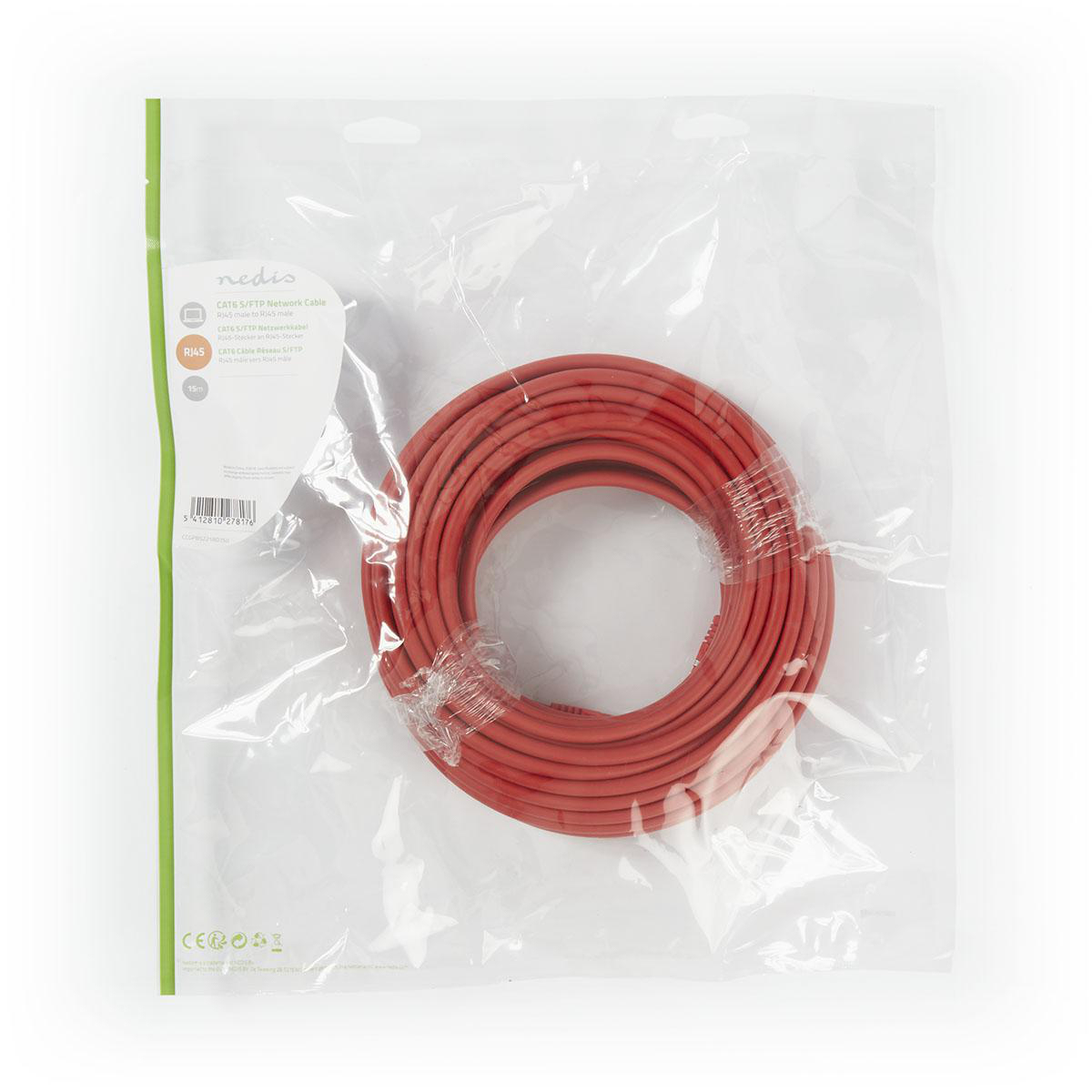 Rotes Netzwerkkabel in einer durchsichtigen Plastiktüte, aufgerollt.