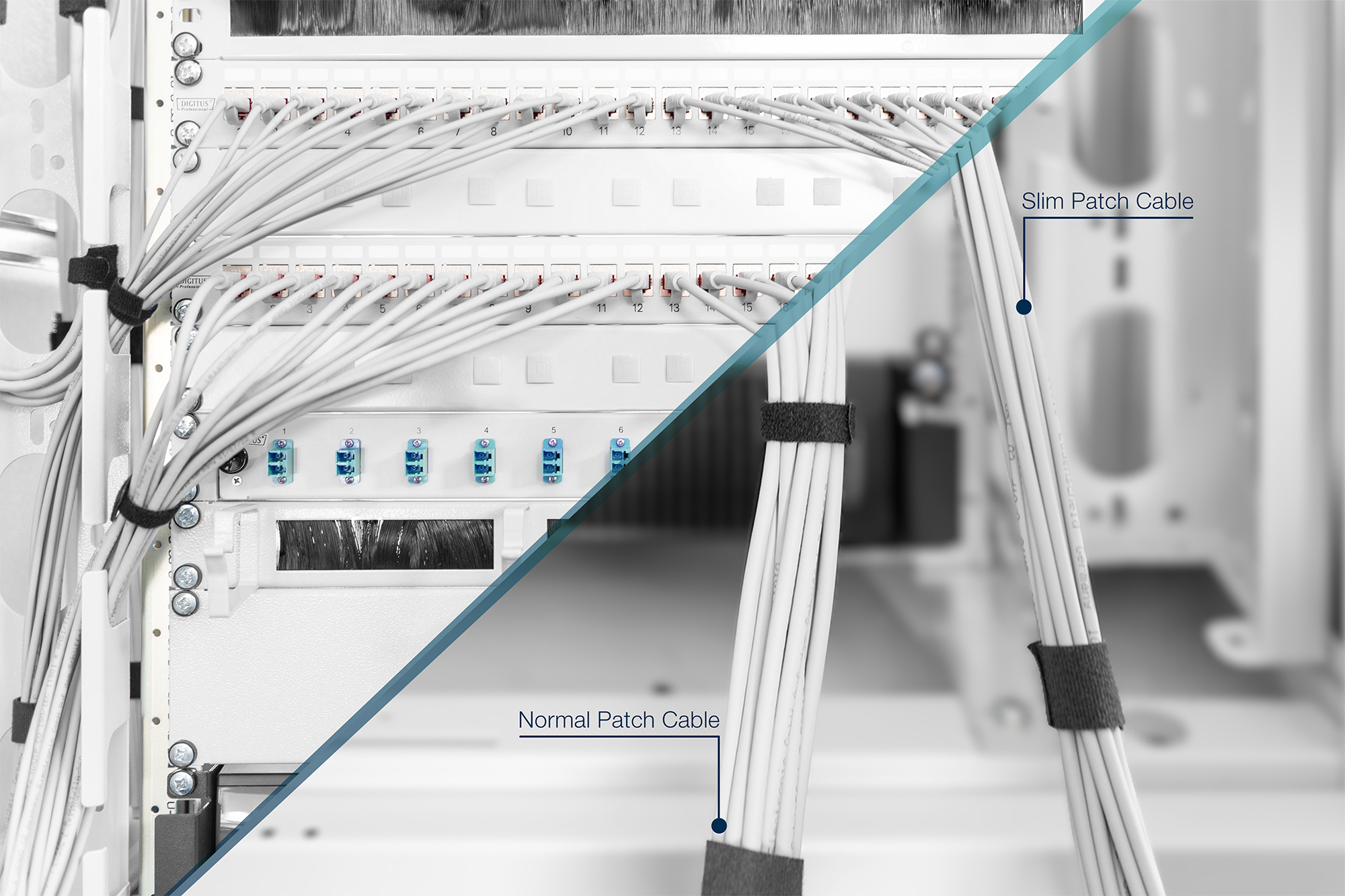 Cavi di rete ordinatamente disposti in un rack server, mostra cavi patch 'sottili' vs 'normali'.