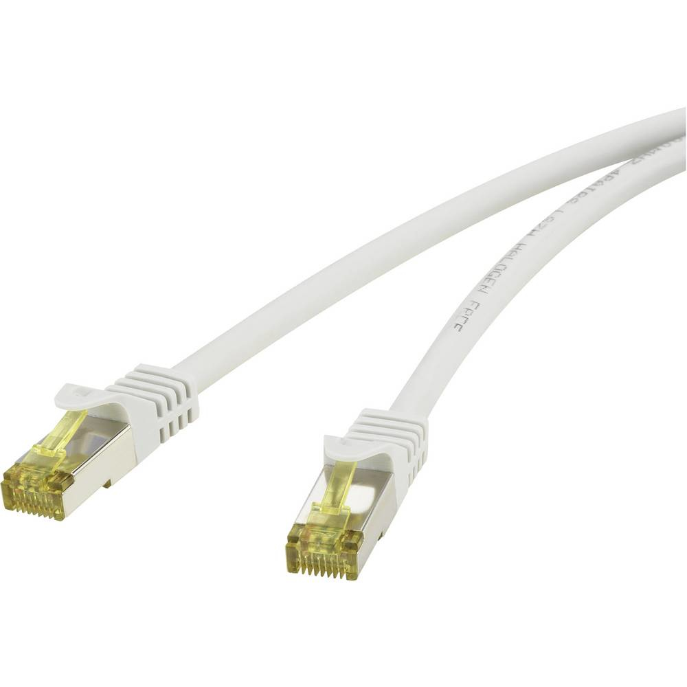 Biały kabel Ethernet z żółtymi wtyczkami. Wtyczki są obok siebie.