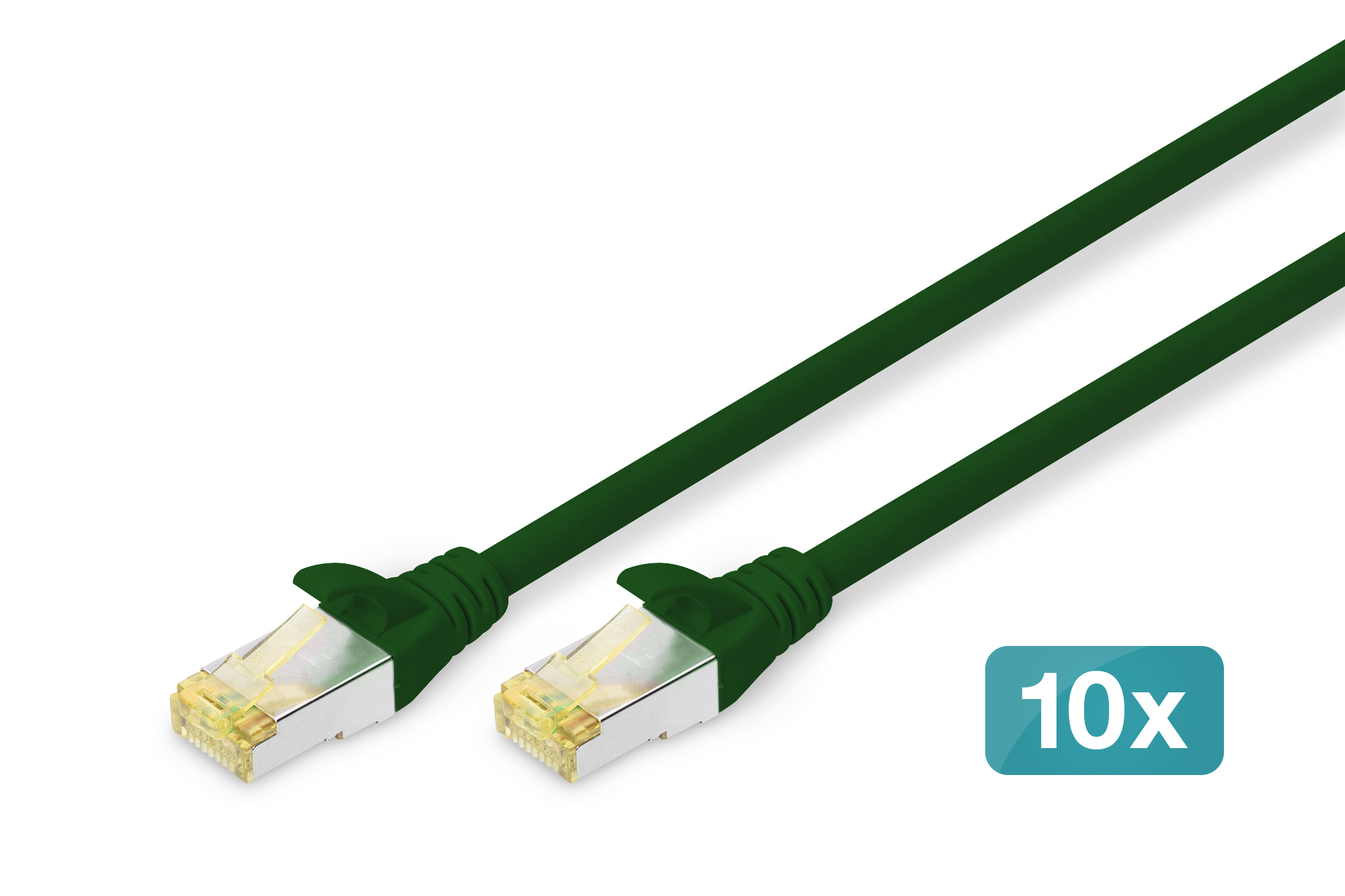 Cavo Ethernet verde con connettori, contrassegnato con '10x'. Su sfondo bianco.