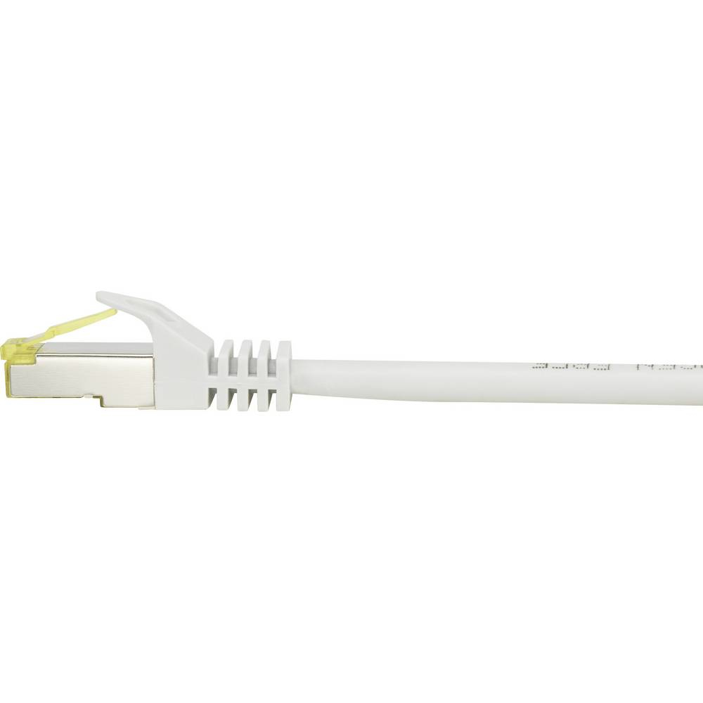 Cavo ethernet bianco con connettore giallo su sfondo bianco.