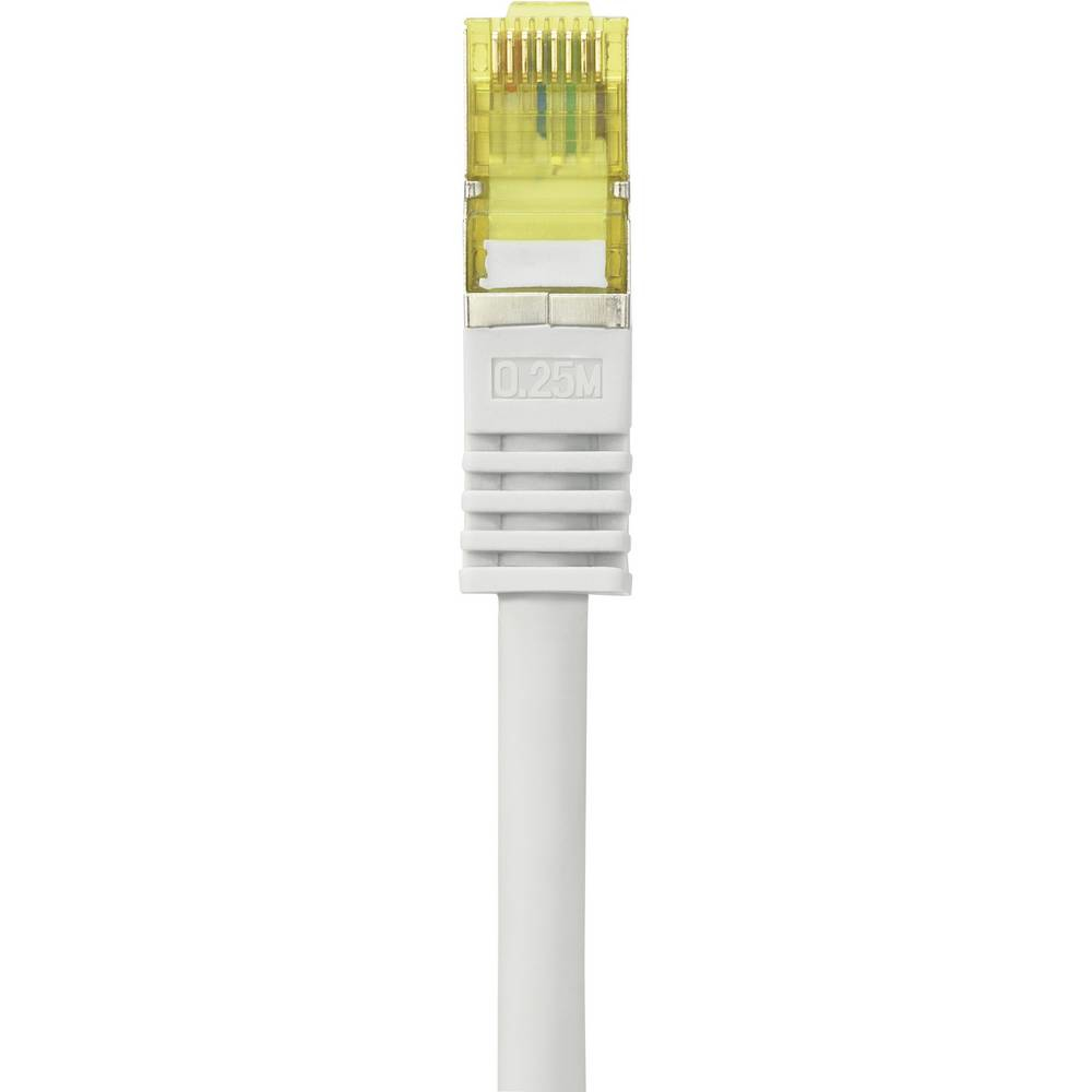 Cavo Ethernet bianco con connettore giallo su sfondo bianco.