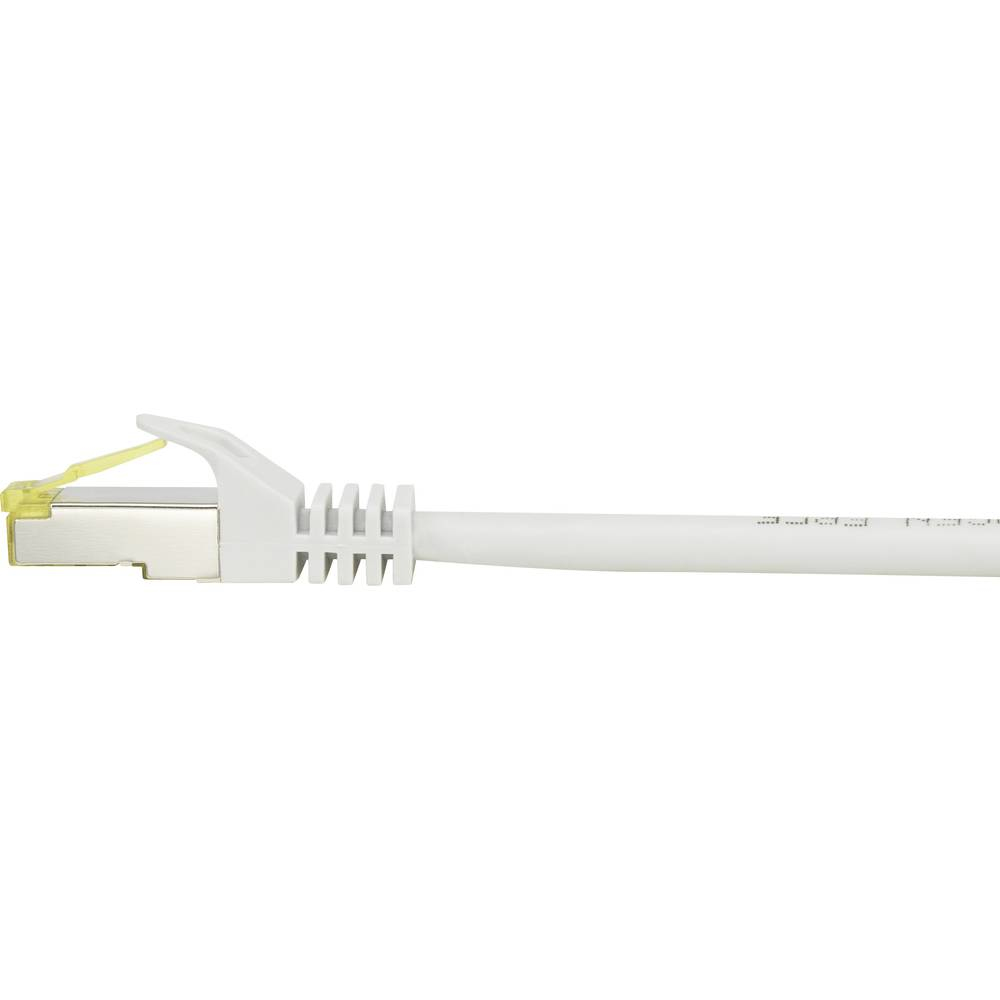 Cavo di rete bianco con connettore giallo su sfondo bianco.