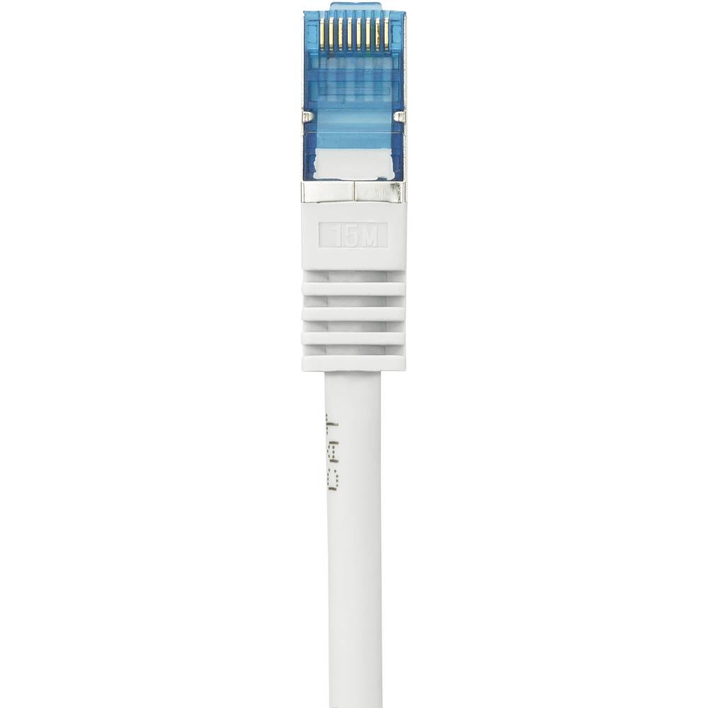 Biały kabel Ethernet z niebieskim złączem. Złącze jest zbliżone.