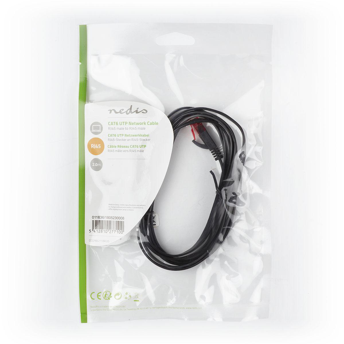 Sacchetto di plastica sigillato contenente un cavo di rete nero con connettori RJ45.
