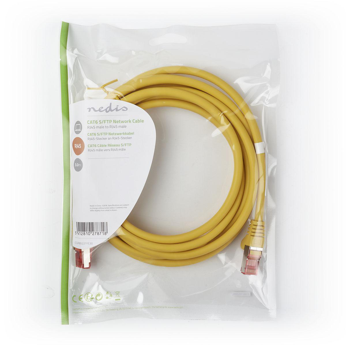 Cavo di rete giallo in un sacchetto di plastica trasparente, con testo.